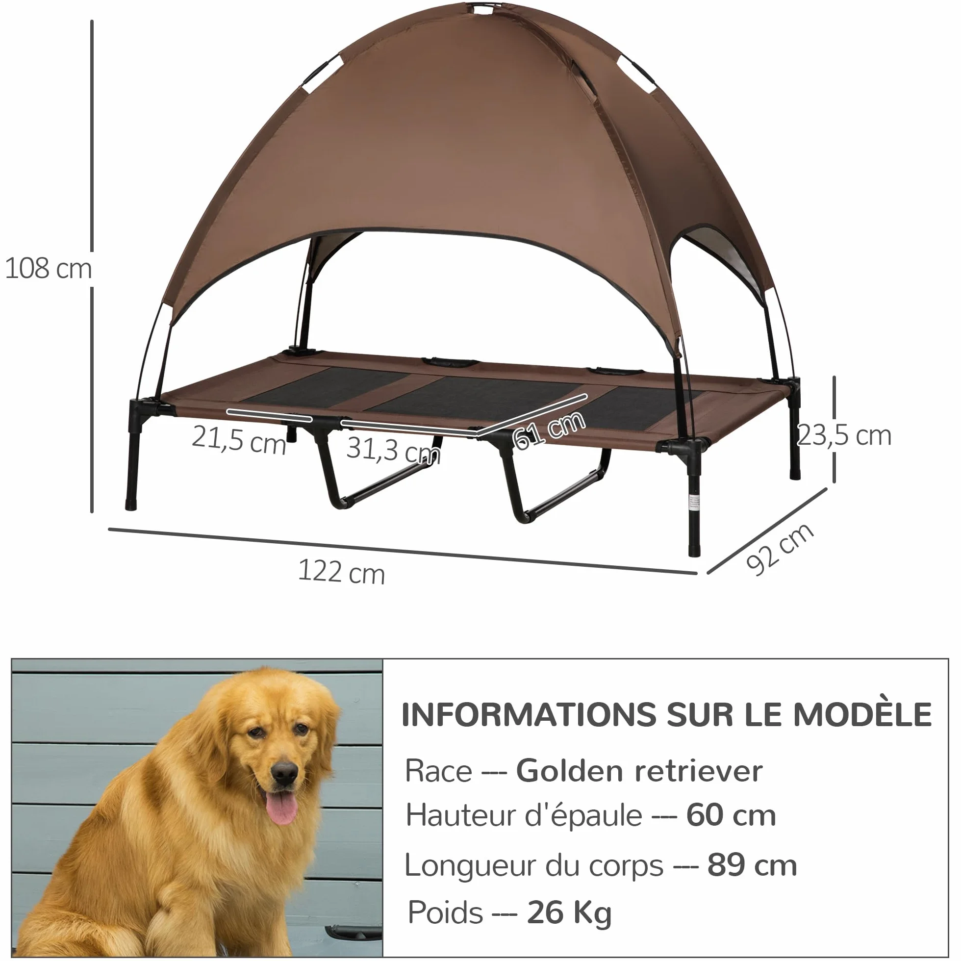 PawHut Lit pour Chien Chat sur Pieds Grand Confort Velum Anti-UV Tissu Oxford Micro-perforé + Parasol + Sac de Transport Inclus Marron Noir