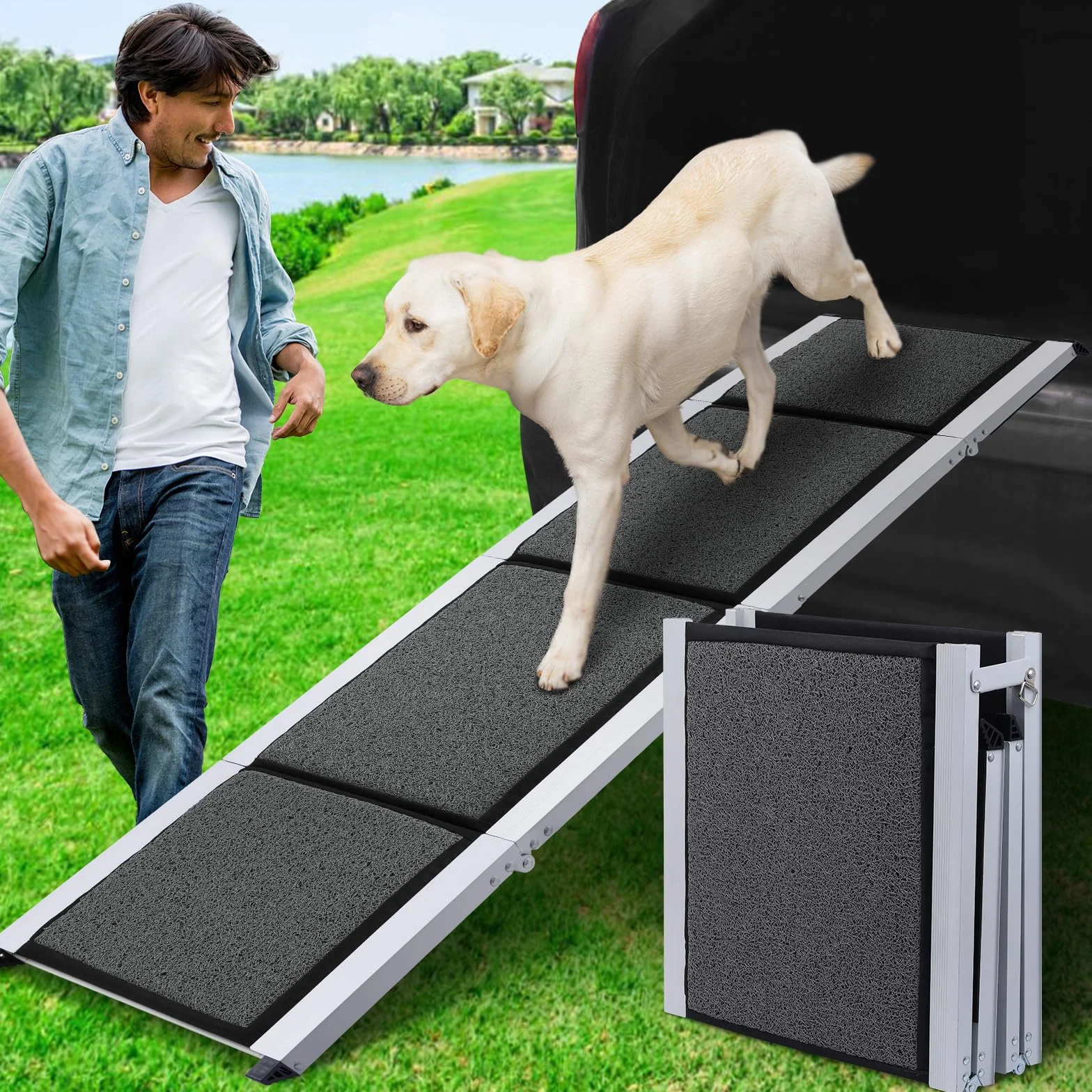 Rampe de Voiture Pliable pour Chien 170 x 44cm, Rampe Portable d'Accès Chien avec Surface Antidérapante, Cadre en Aluminium, Dog Ramp pour Camion Lit Voiture SUV, Légère et Facile à Ranger