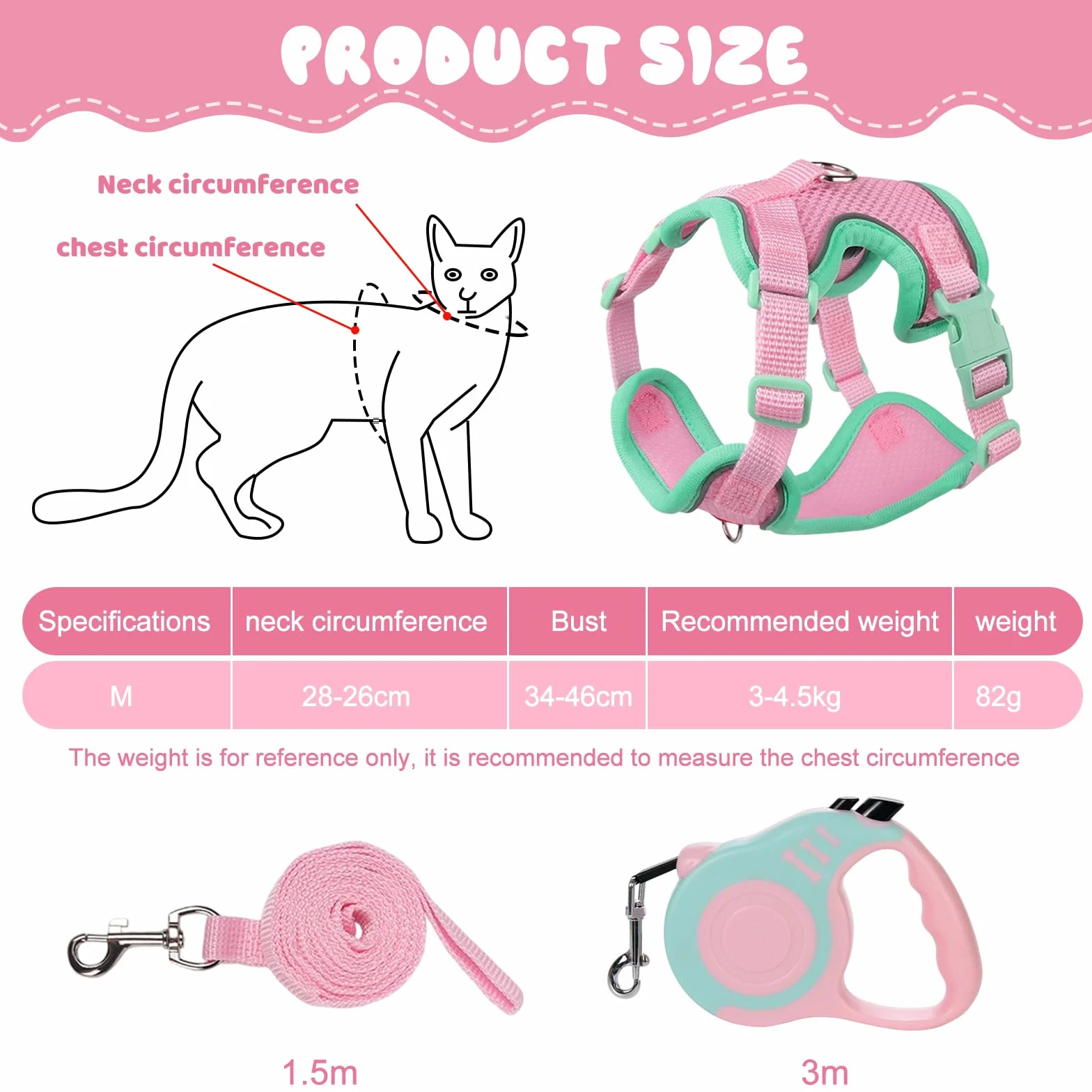 Harnais Chat avec Laisse Rétractable 3m, Réglable pour Chaton, Rose