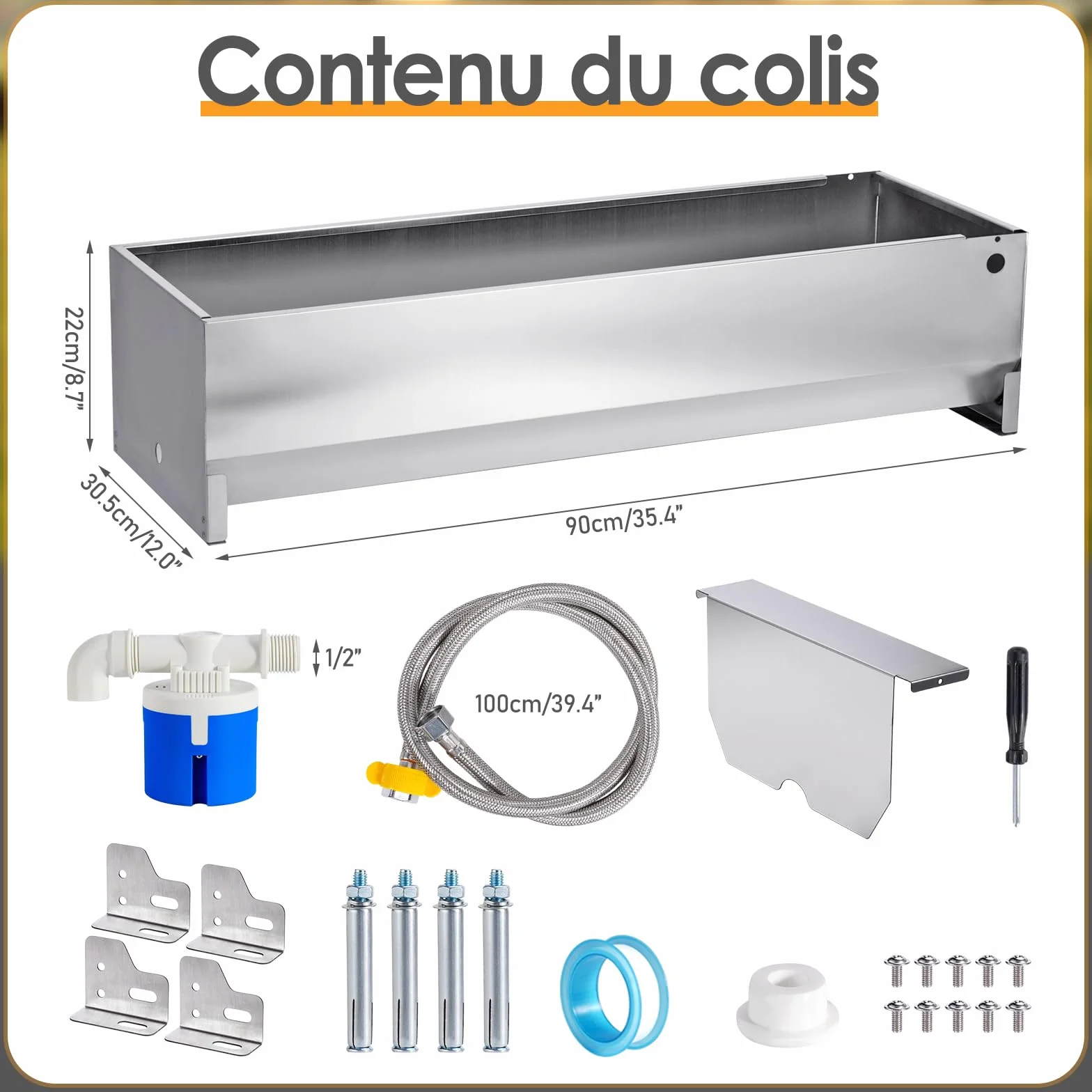 Bac à Abreuvoir Automatique 50 litres avec Flotteur 1/2 Pouce et Kit de Connexion pour Chevaux Chèvres Bœufs