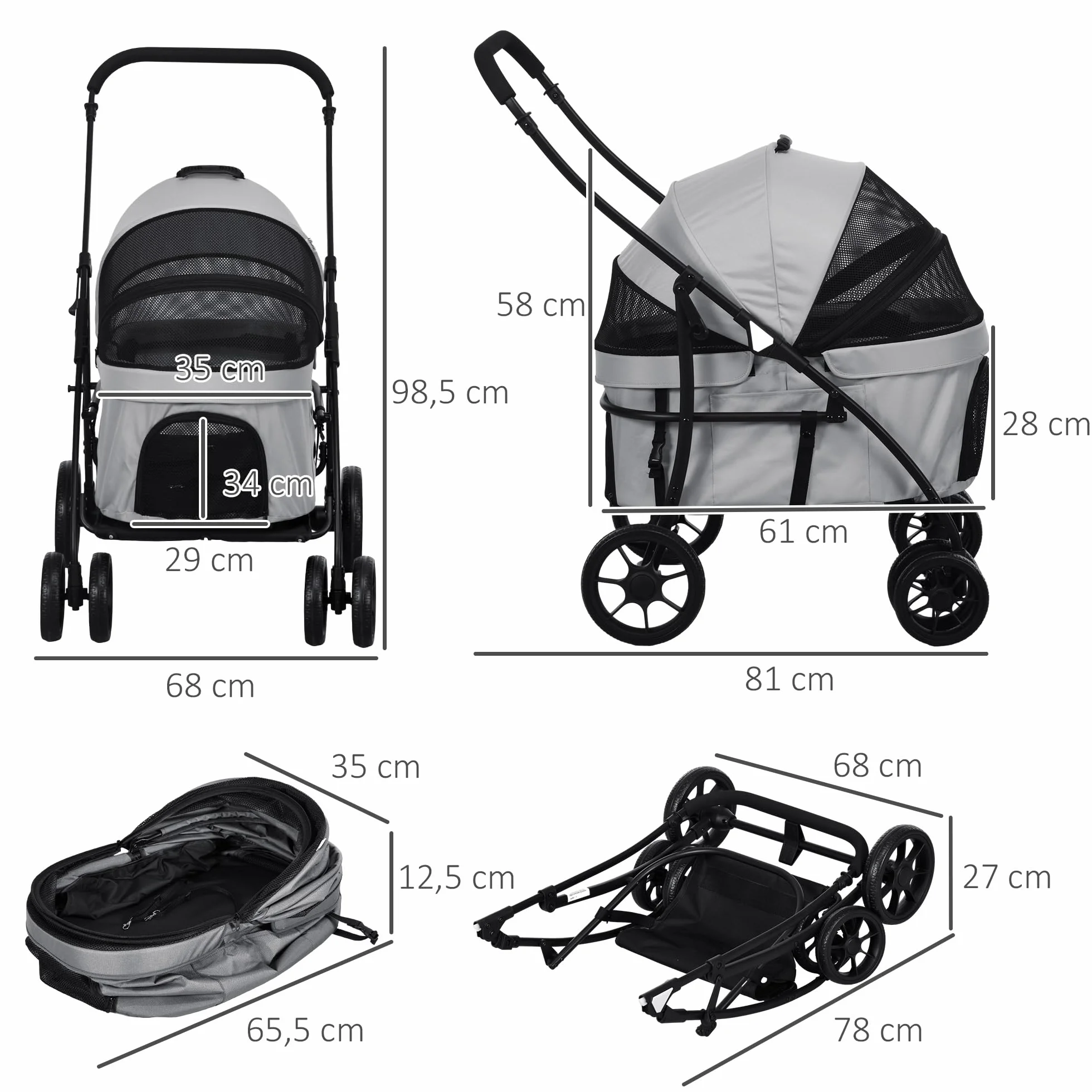 PawHut Poussette pour chien et chat 2 en 1 pliante chariot nacelle amovible 10 kg acier gris