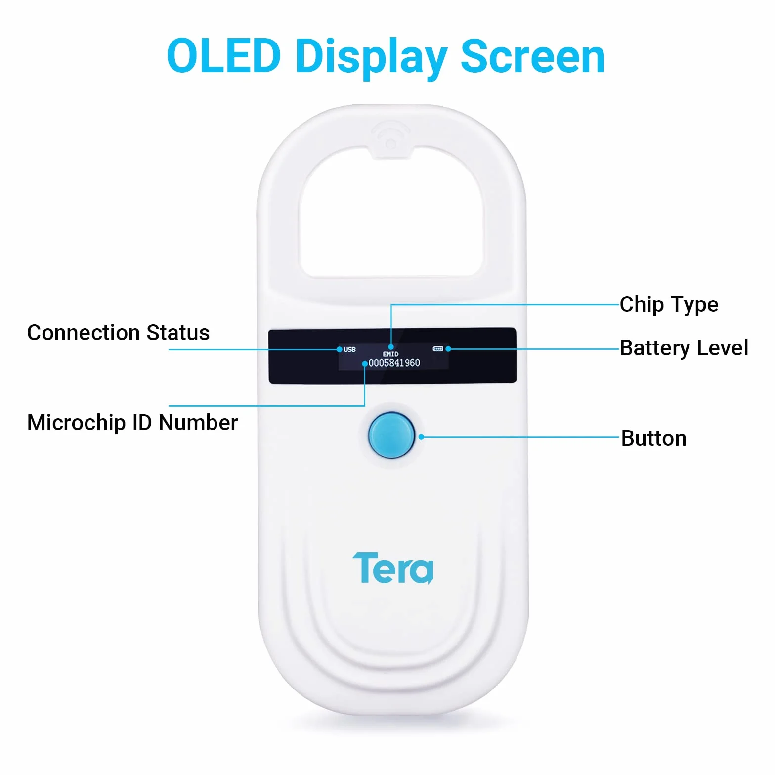 Tera Porte Adresse pour Animaux Lecteur de Puce pour Animaux Scanner RFID Portable Animal puce ID Scanner avec écran OLED Rechargeable avec Boucle D