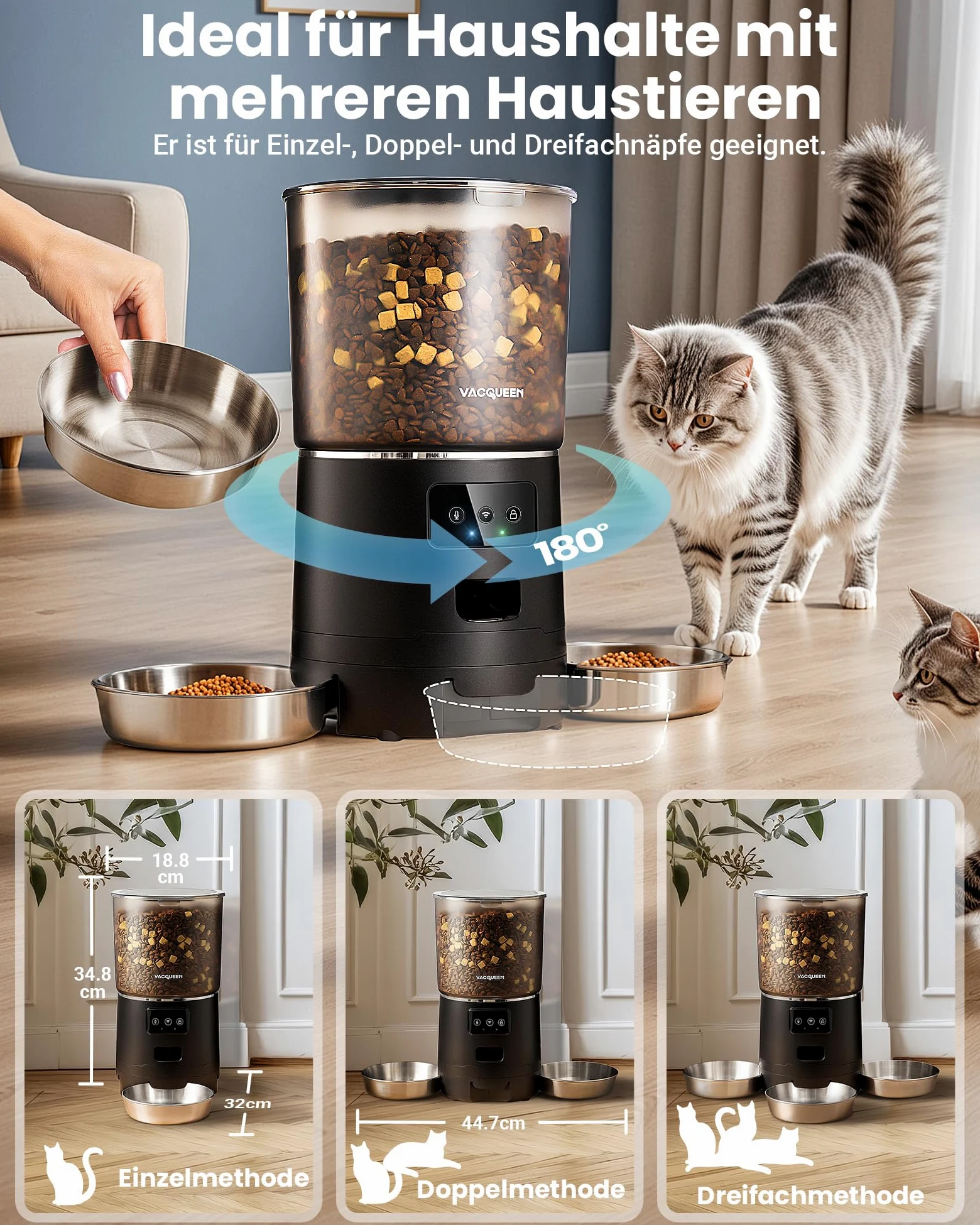 Mangeoire automatique pour chat avec application et minuterie, 6 l/25 tasses, 3 gamelles, 3 paquets de déshydratants, système anti-obstruction, WiFi 2,4 G, enregistrement vocal 10 s, distributeur de