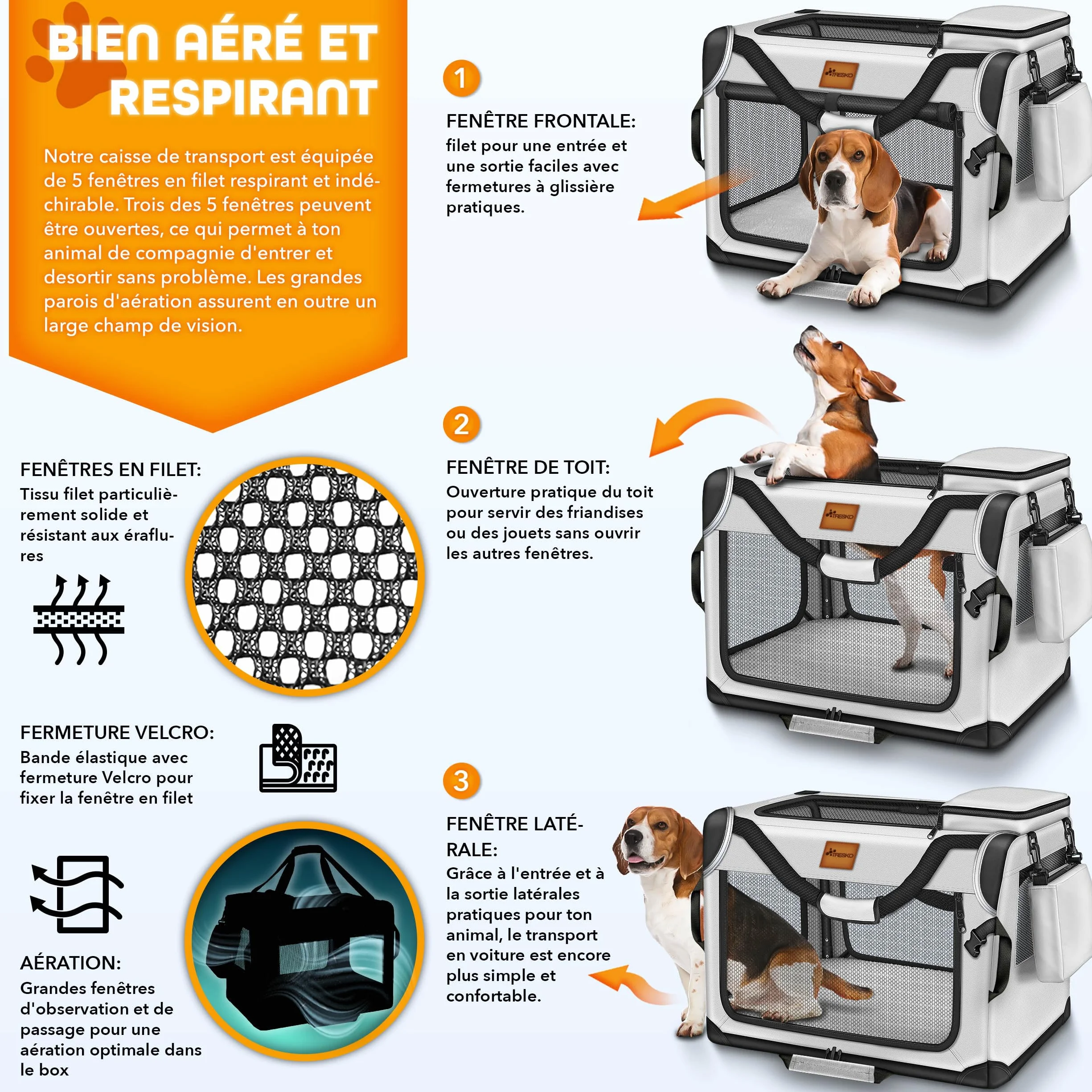 TRESKO Caisse de transport pliable pour chiens et chats, taille M, 61 x 42 x 42 cm, gris