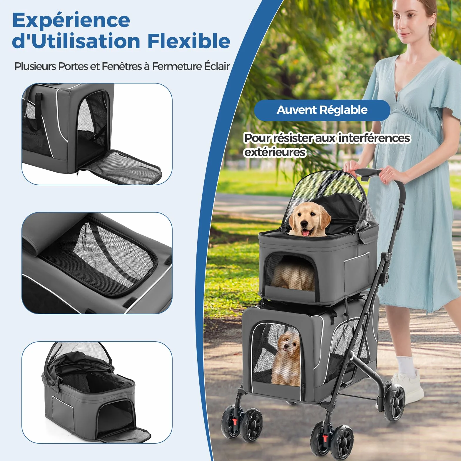 Poussette Chien Chat 2 Couches Détachable 3-en-1 GYMAX Transporteur Siège Auto Auvent Réglable Cadre Métal Pliable Gris