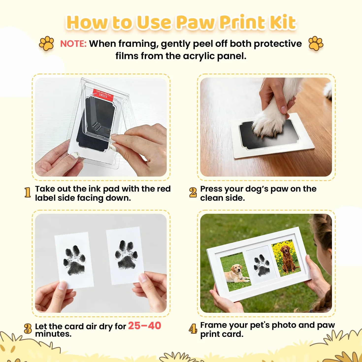 Kit Empreinte Chien Chat avec Cadre Photo en Bois, Kit d'Impression Bébé 0-6 Mois, Blanc