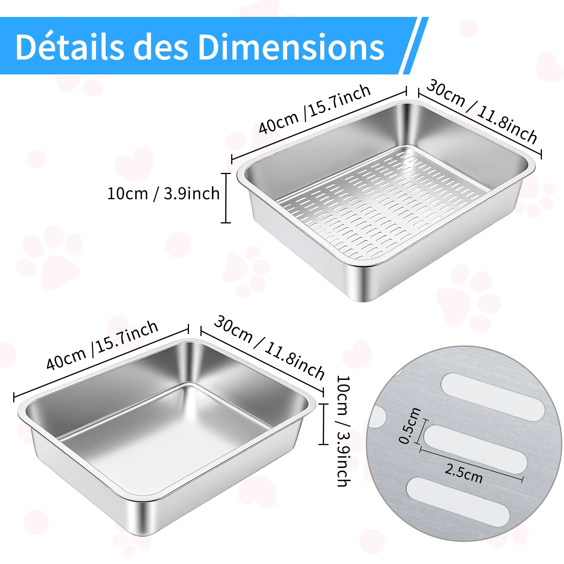 Bac à Litière Chat en INOX, Ouvrez Le bac à litière, Ouvrez la litière pour Grands Chats, Chatons et Lapins, Caisse Chat Litiere XXL, Maisons de Toilette pour Chats,Anti-Odeurs, 40x30x10cm