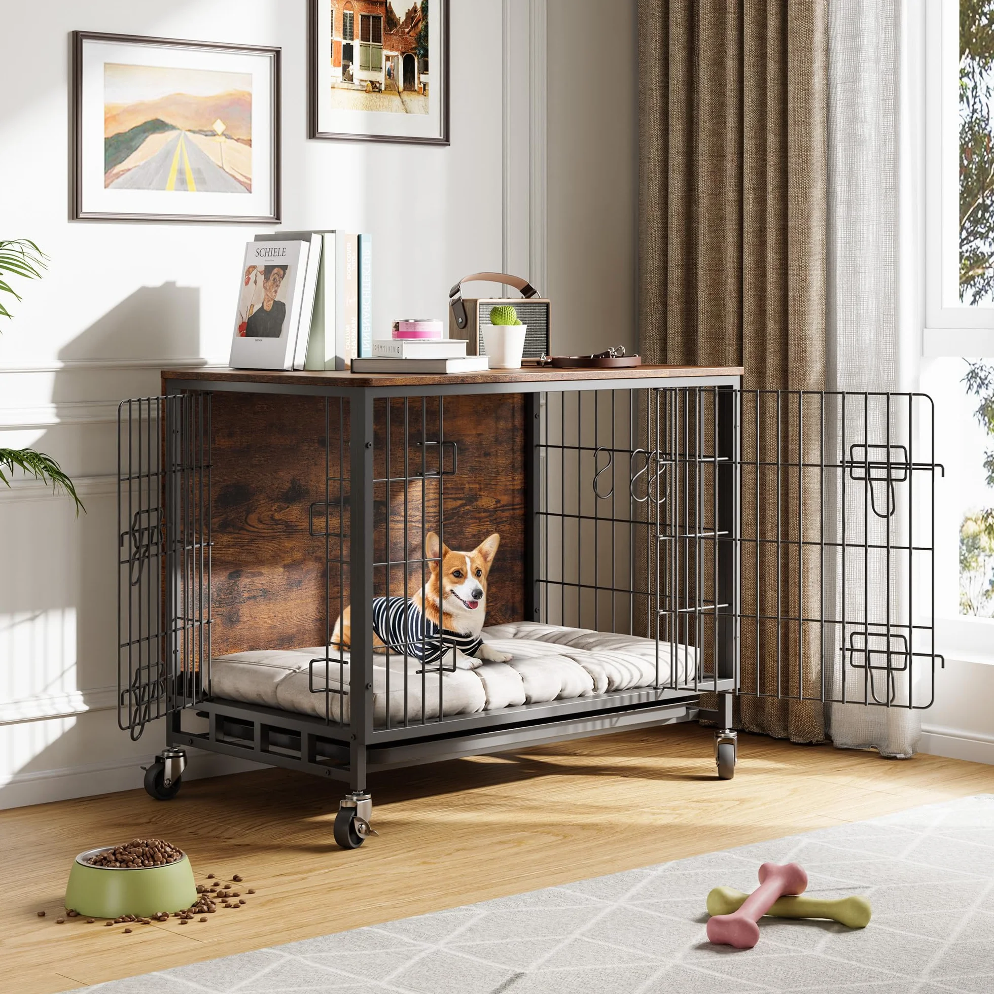 Cage pour chien meuble avec 2 portes et 4 roues 83 x 56 x 64 cm niche intérieur moderne table en bois