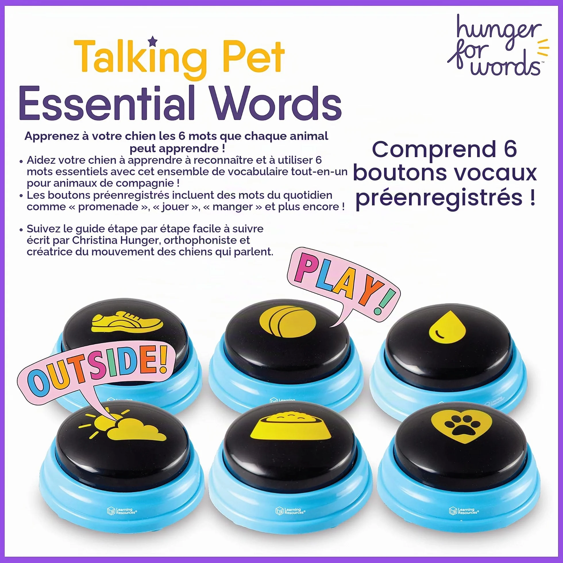 Learning Resources Hunger for Words Mots Essentiels pour Chien Parlant - kit de 6 Boutons avec Message pré-enregistré pour Chiens, Boutons de Communication pour Les Chiens
