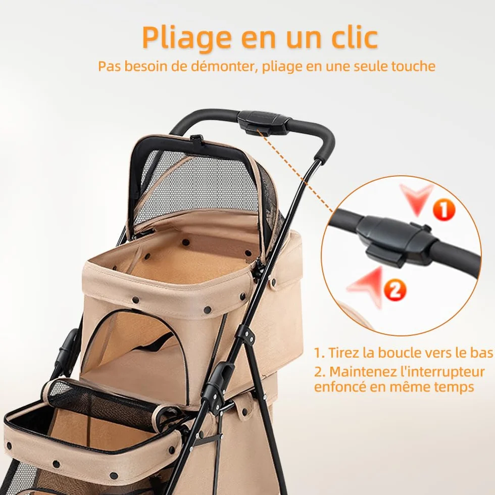 Poussette pour Chien Double Couche Pliable 50x67x95 cm avec Freins et Ventilation Marron