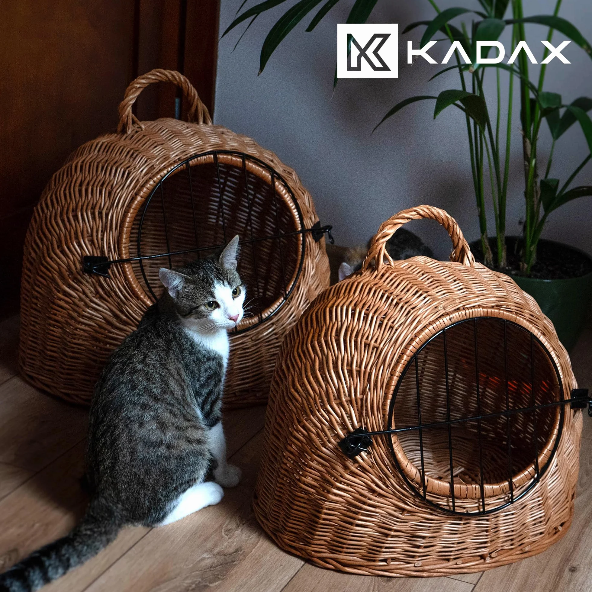 KADAX Panier de Transport pour Animaux en Osier avec Poignée et Fermeture - Chat et Animaux de Compagnie (35 x 40 cm)