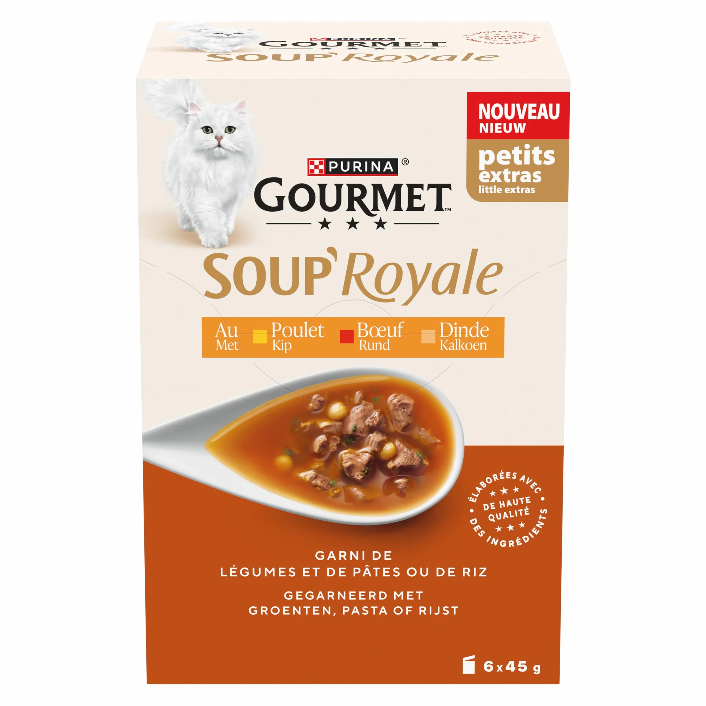 GOURMET | Soup Royale | Soupe Exquise à la Viande | Aliment Complémentaire Humide pour Chat Adulte| Elaboré avec des ingrédients de Haute Qualité | Poulet, Dinde, Bœuf | Sachets Fraîcheur | 6 x 45g