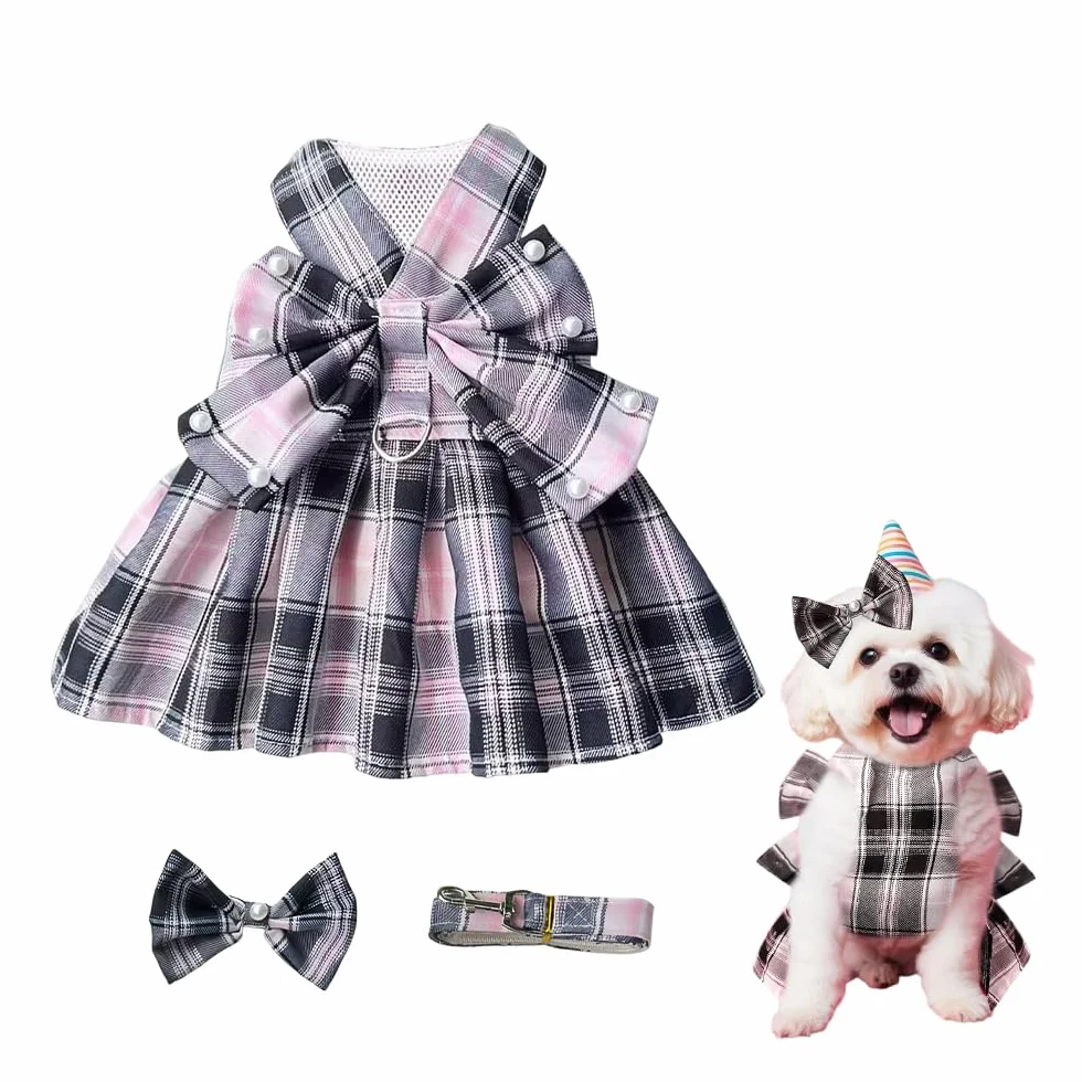 Robe pour Chien Tartan Rose Noir Noeud Papillon Vêtement Canin Respirant Mariage Cérémonies Petit Moyen Grand (S)