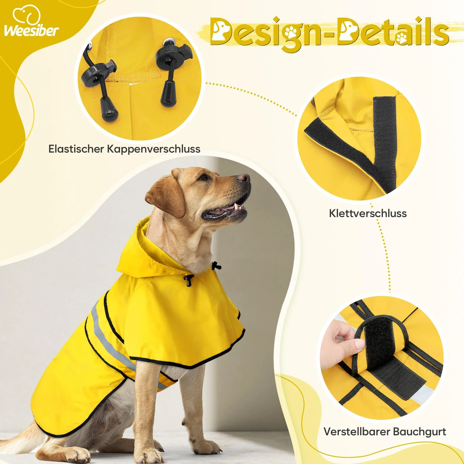 Weesiber Manteau de Pluie Imperméable Réfléchissant pour Chien, Étanche Ultraléger Aéré, Veste Ajustable Poncho (S, Jaune)