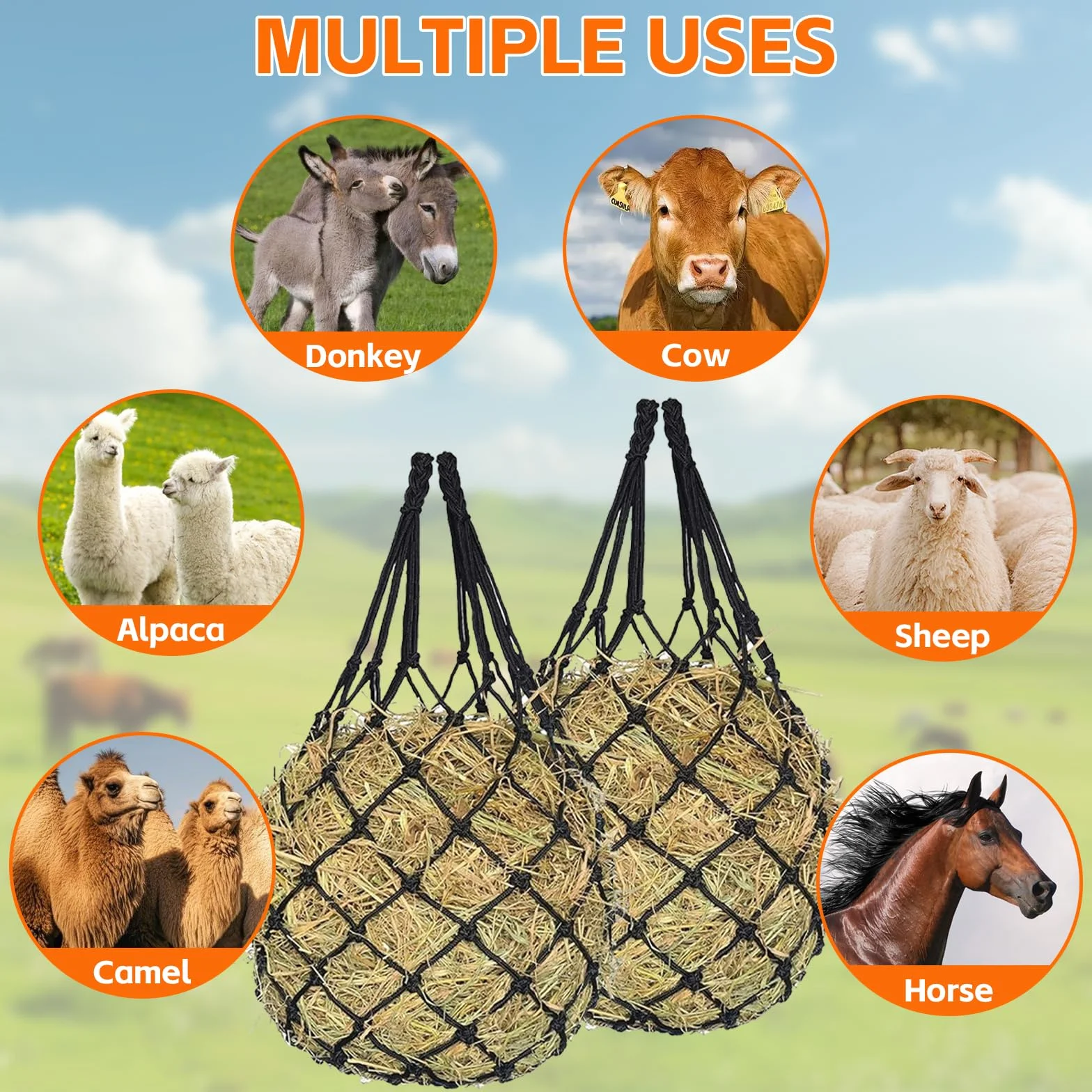 Filets à Foin Cheval Mailles Fines 5x5cm Portable Robuste Réduit Gaspillage Aliments Noir