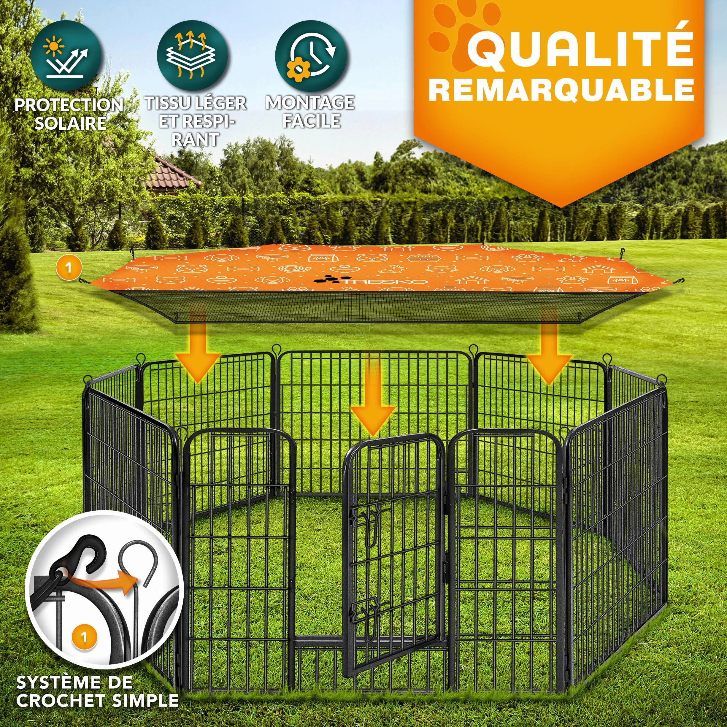 TRESKO Parc d'extérieur pour Chiens Enclos en métal Circonférence 640 cm Hauteur 60 cm Noir