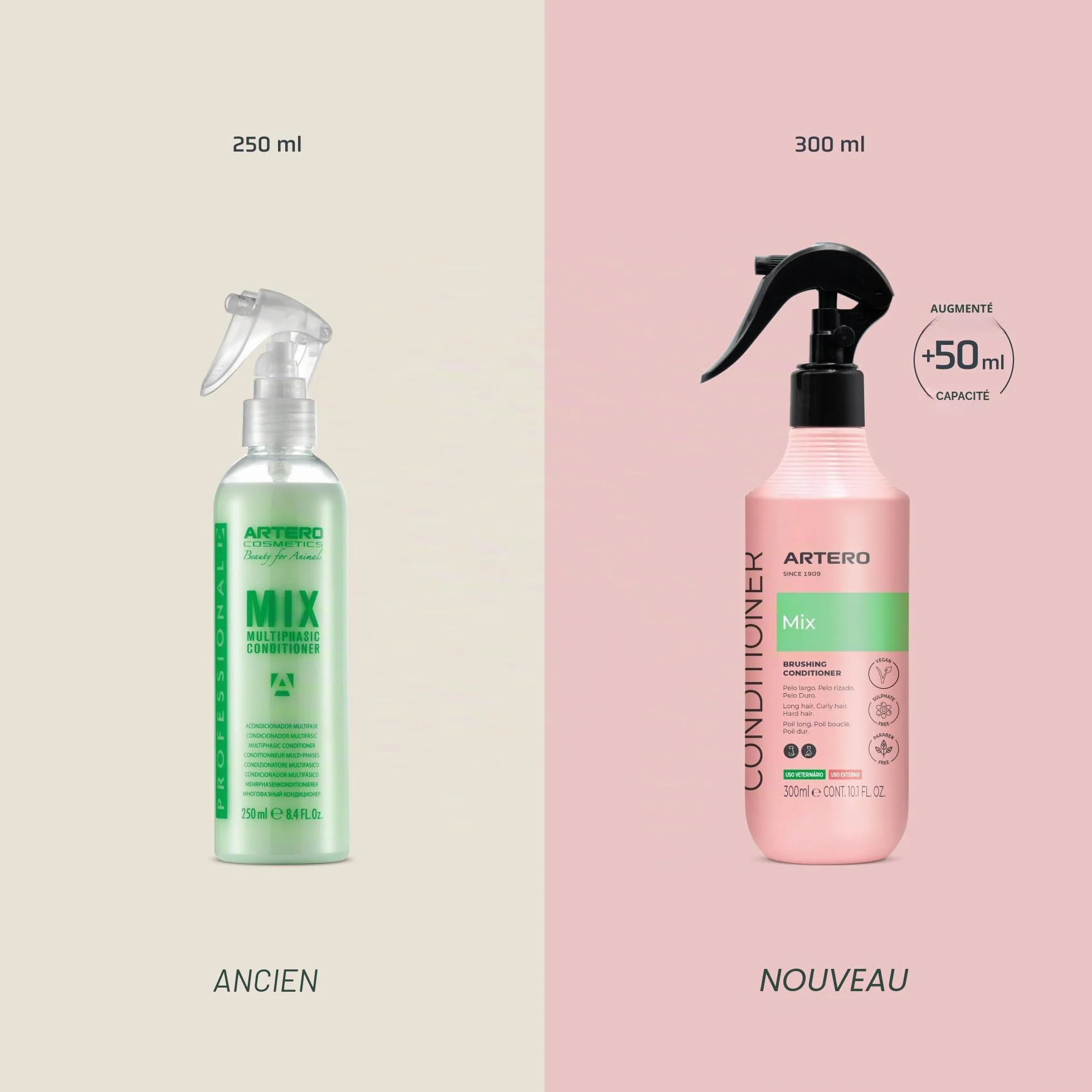 Artero Mix Conditioner sans rinçage pour Chiens et Chats – Démêlant, hydratant et lustrant – Spray Anti-Statique pour Poils secs ou emmêlés – Soin Professionnel du Pelage. 300 ML