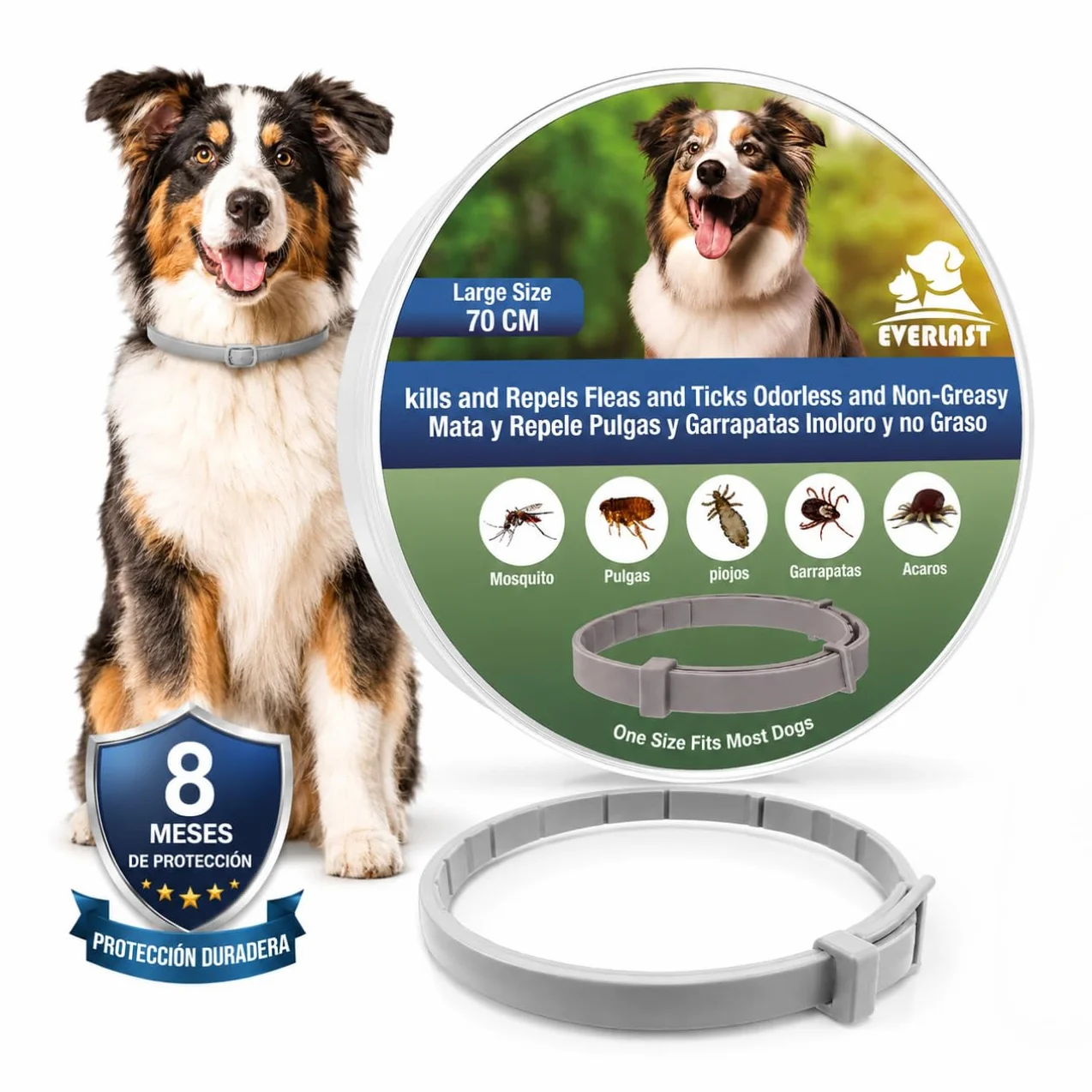 Collier Antiparasitaire Chien 70 cm 1 Unité 8 Mois Protection Puces Tiques Moustiques Acariens Poux