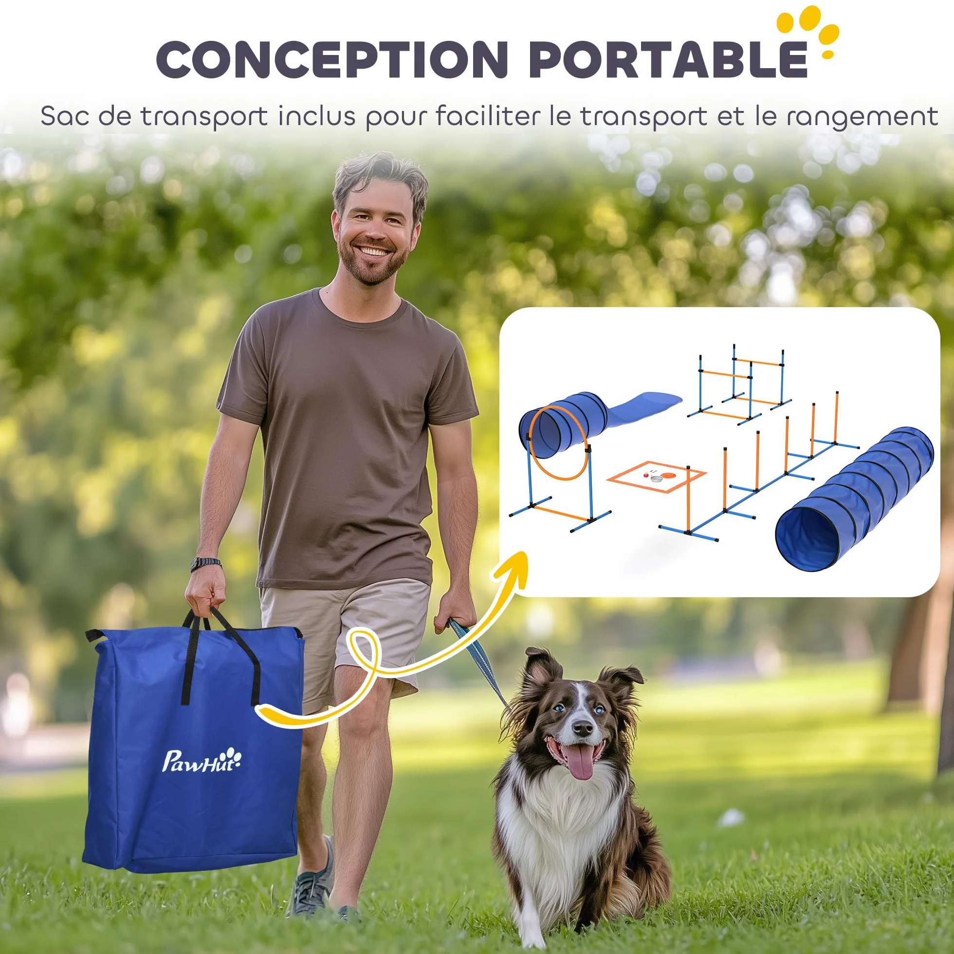 PawHut Ensemble d'Agilité pour Chien 11 Pièces avec 2 Tunnels, Sauts Ajustables, Anneau, Piquets, Zone de Pause, Sac de Transport