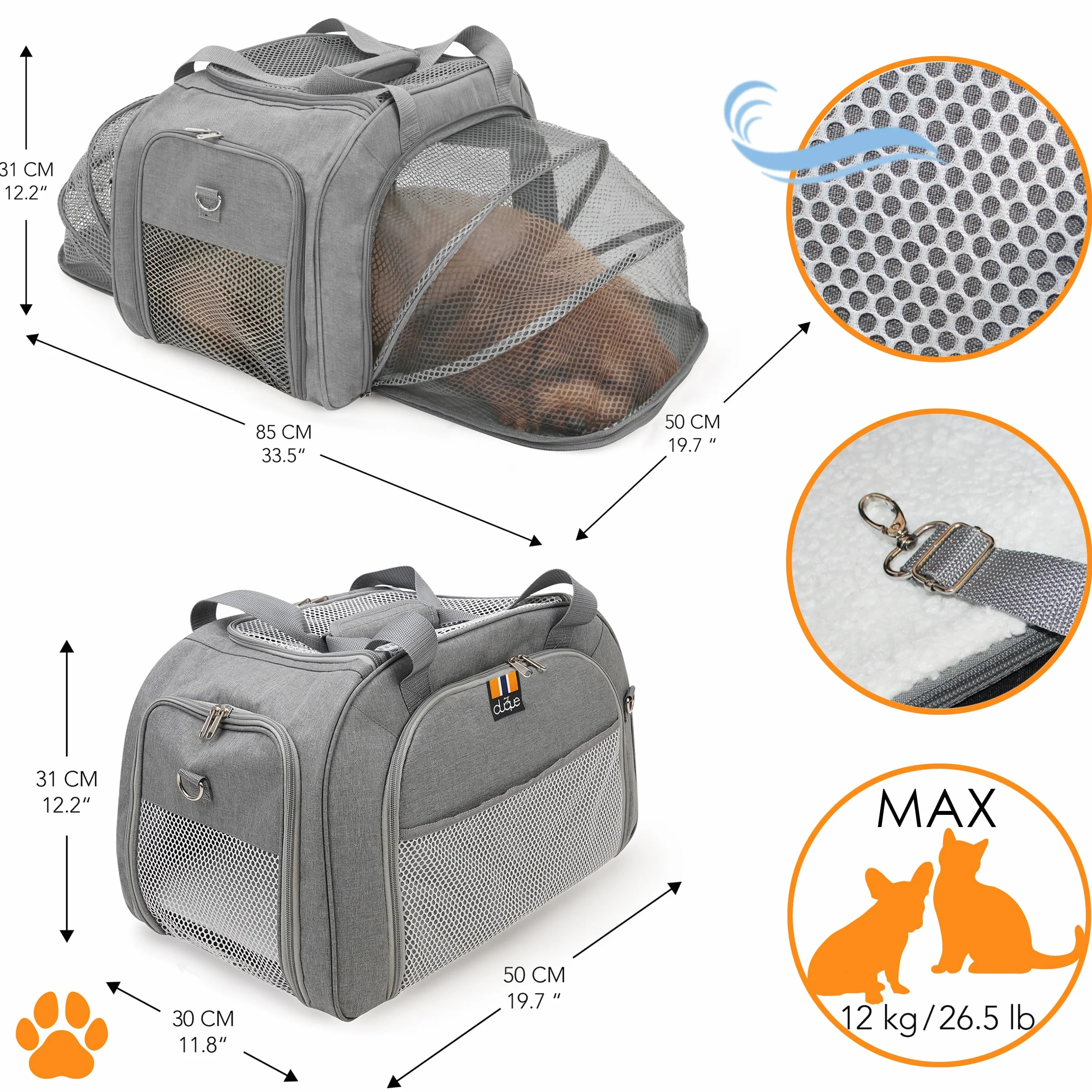 Car-GO Cage de Transport pour Chien et Chat avec Base ISOFIX, Côtés Extensibles, Gris