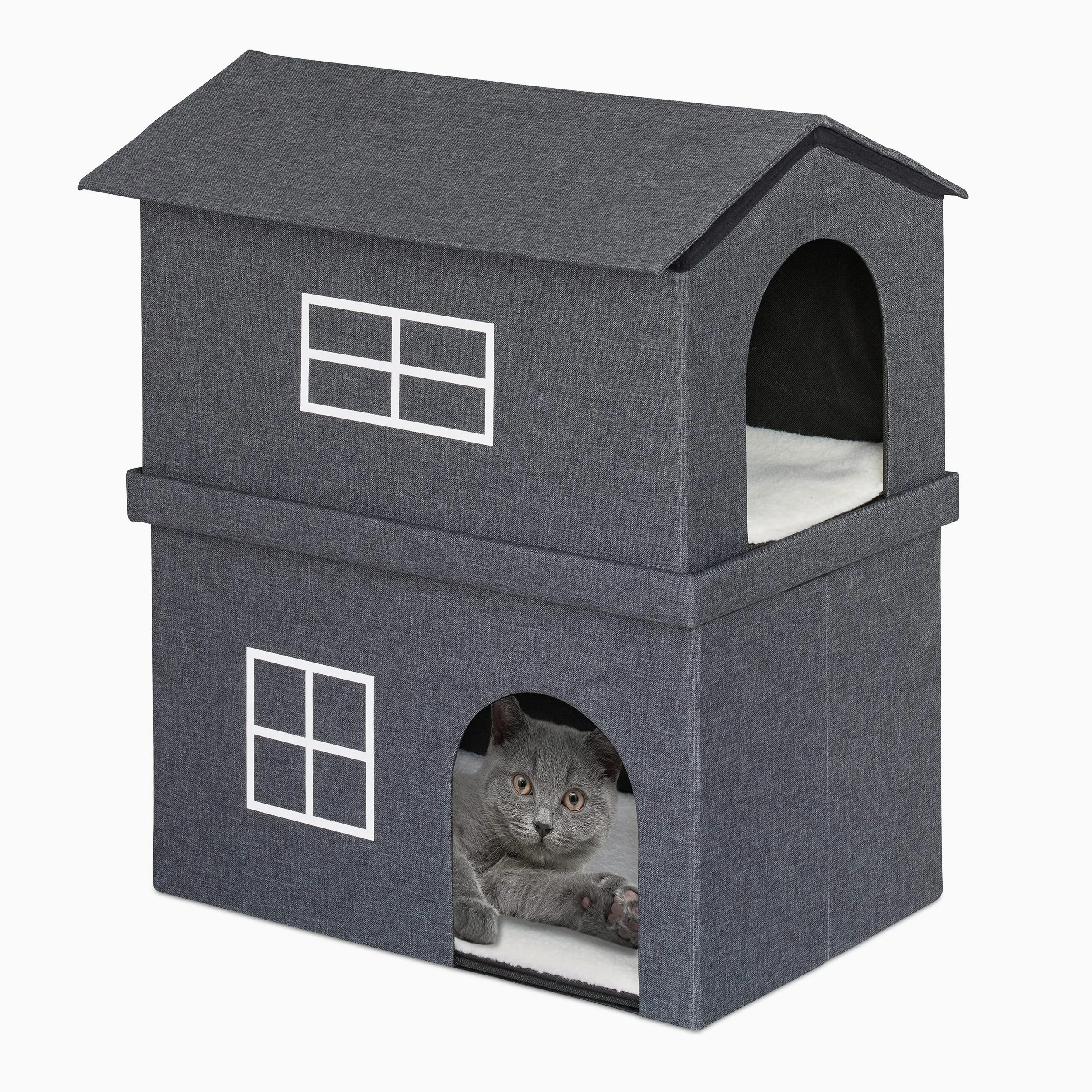 Relaxdays Maison pour Chat en Tissu, abri avec 2 Portes, HxLxP : 71,5x62,5x44 cm, Niche Chatons et Chats, Gris foncé