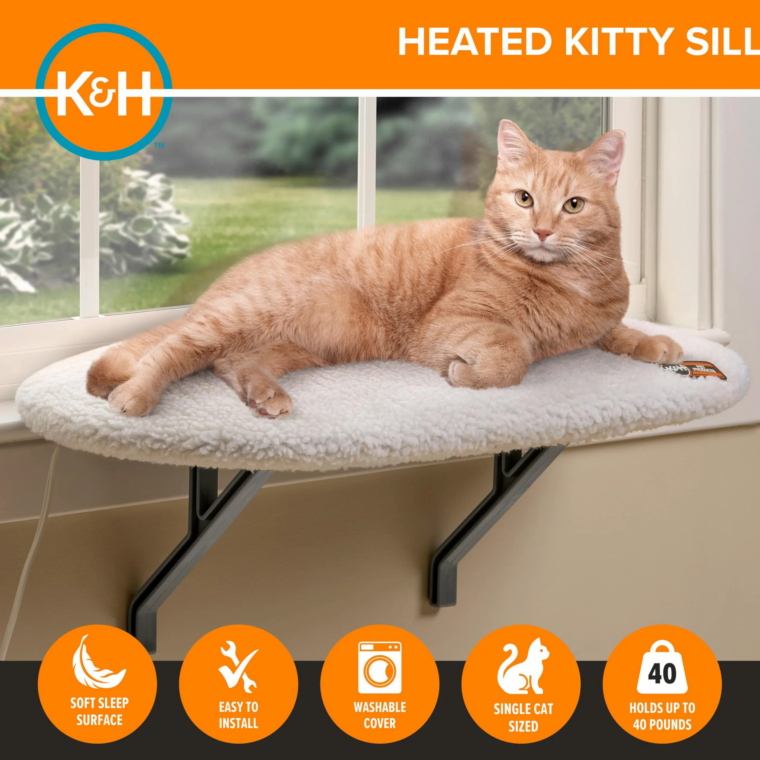 K&H Pet Products Kitty Sill Hamac pour fenêtre de chat (chauffant ou non chauffé) Polaire chauffante 35,6 x 61 cm