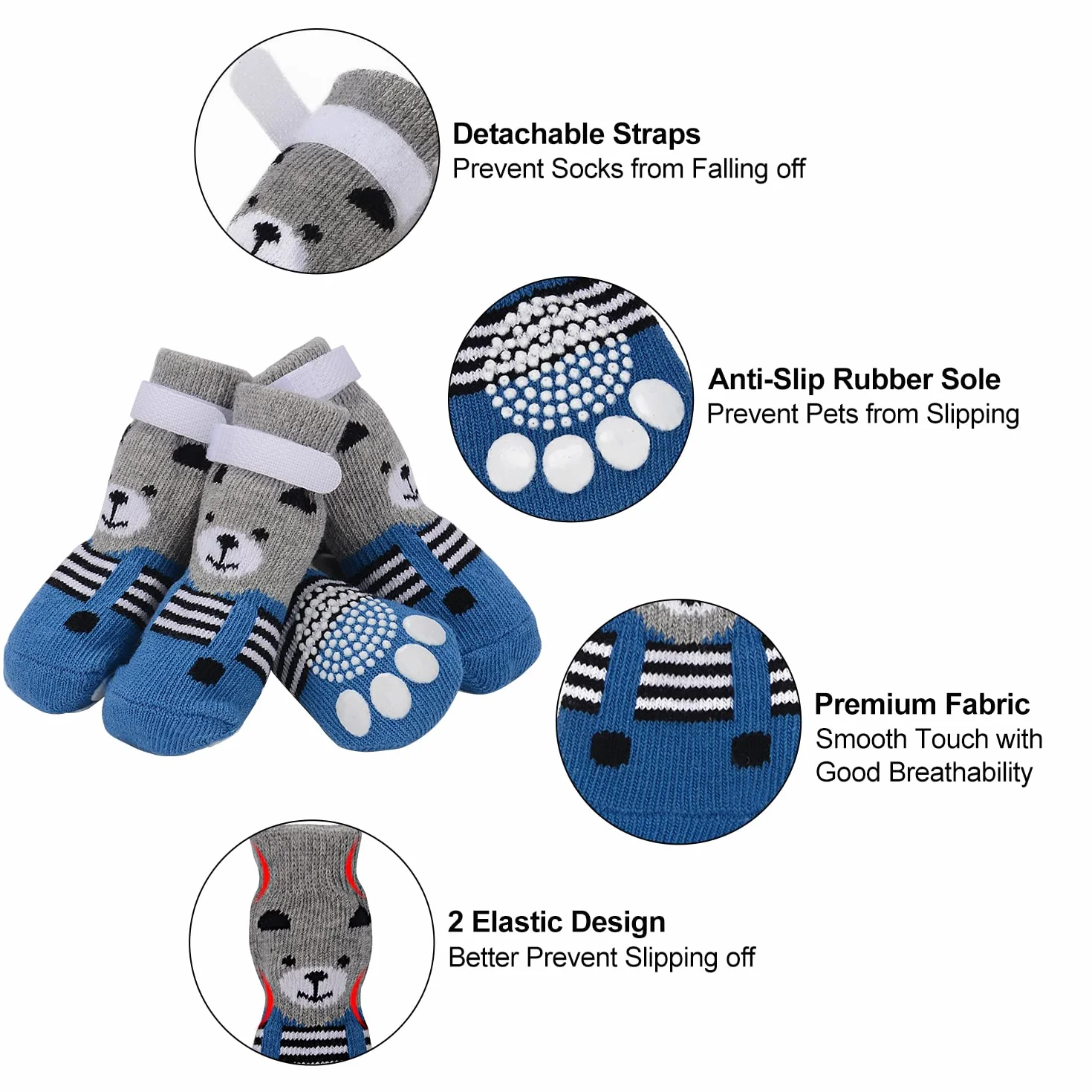 PETLOFT Chaussettes antidérapantes 4 pièces pour Chiens Grands et Petits Gris M