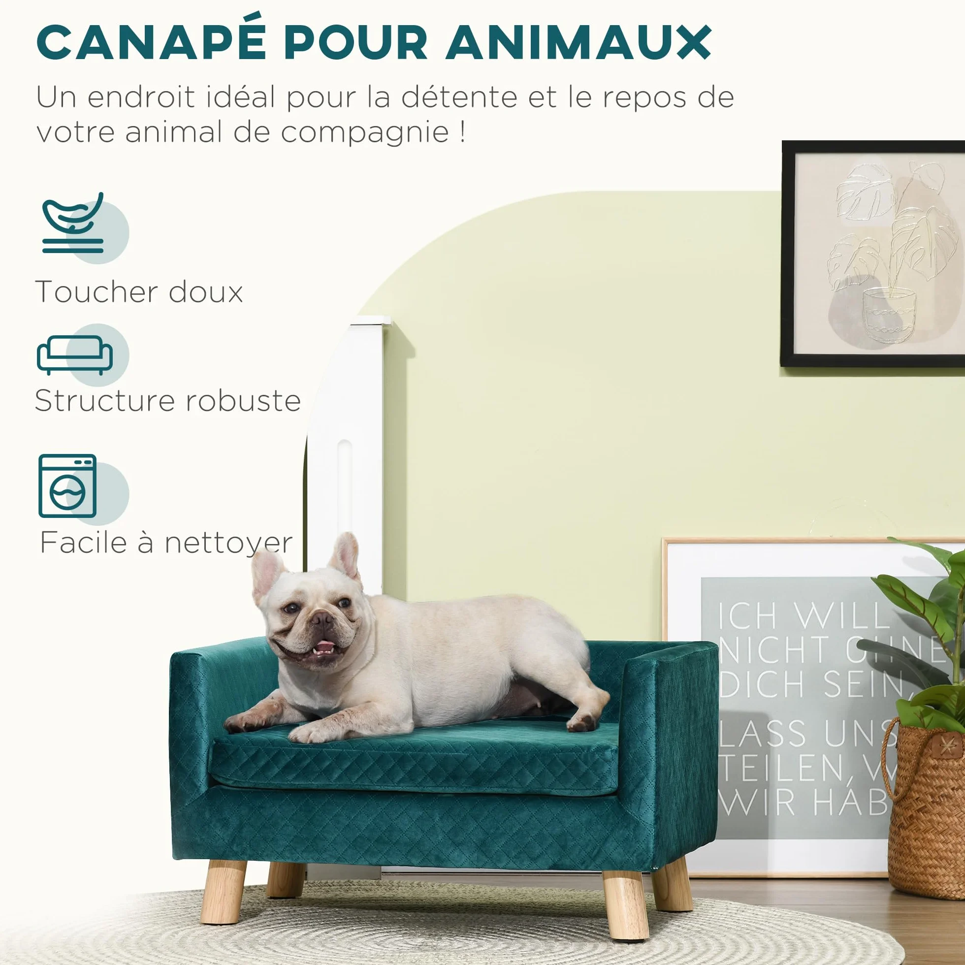 PawHut Canapé Chien lit pour Chien Design scandinave Coussin Moelleux Pieds Bois Massif 64 x 45 x 36 cm Velours Bleu Canard