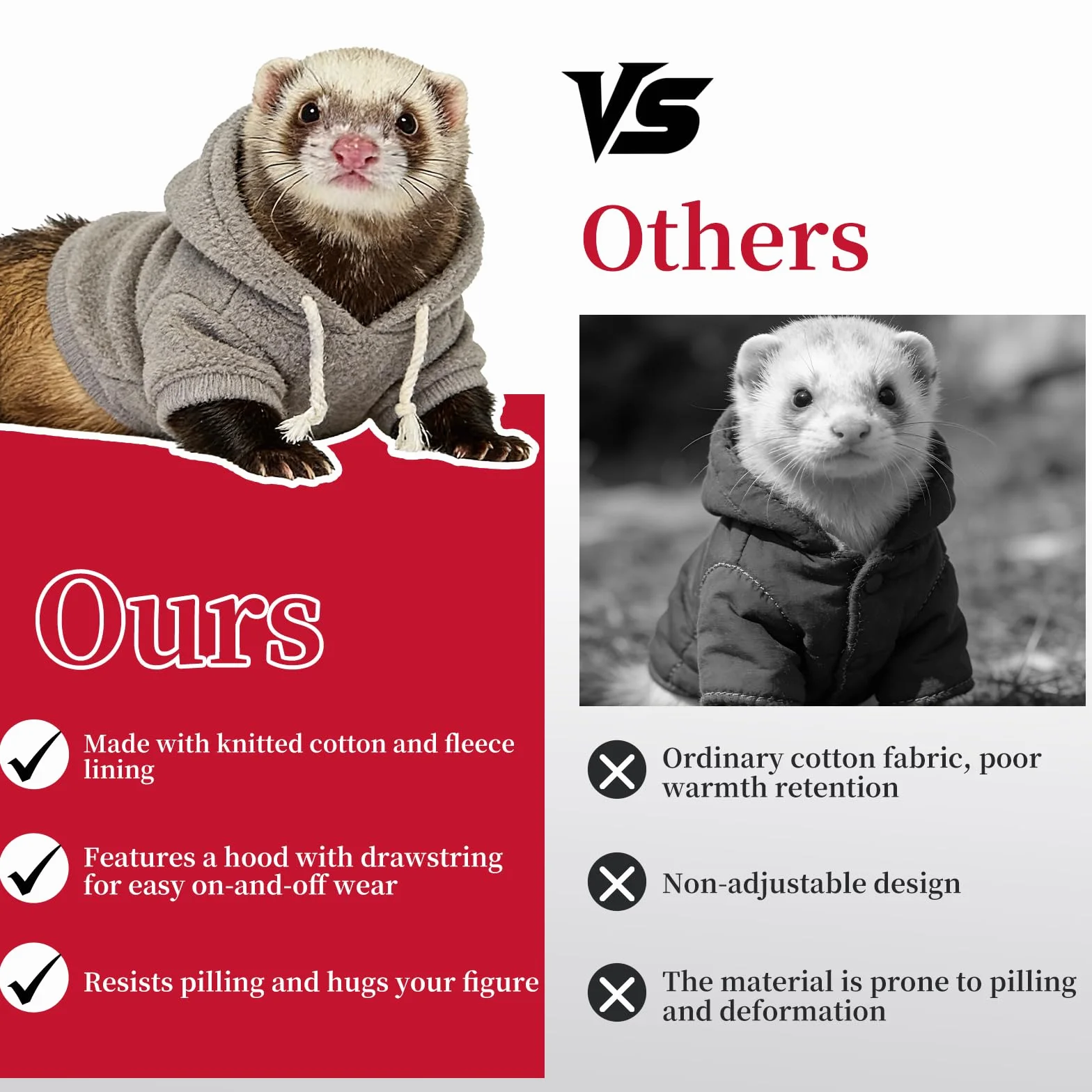 Ensemble vêtements et laisse pour furet, pull à capuche chaud avec harnais et laisse pour la promenade en plein air, vêtement confortable pour furets, chinchillas, petits animaux de compagnie, tenue