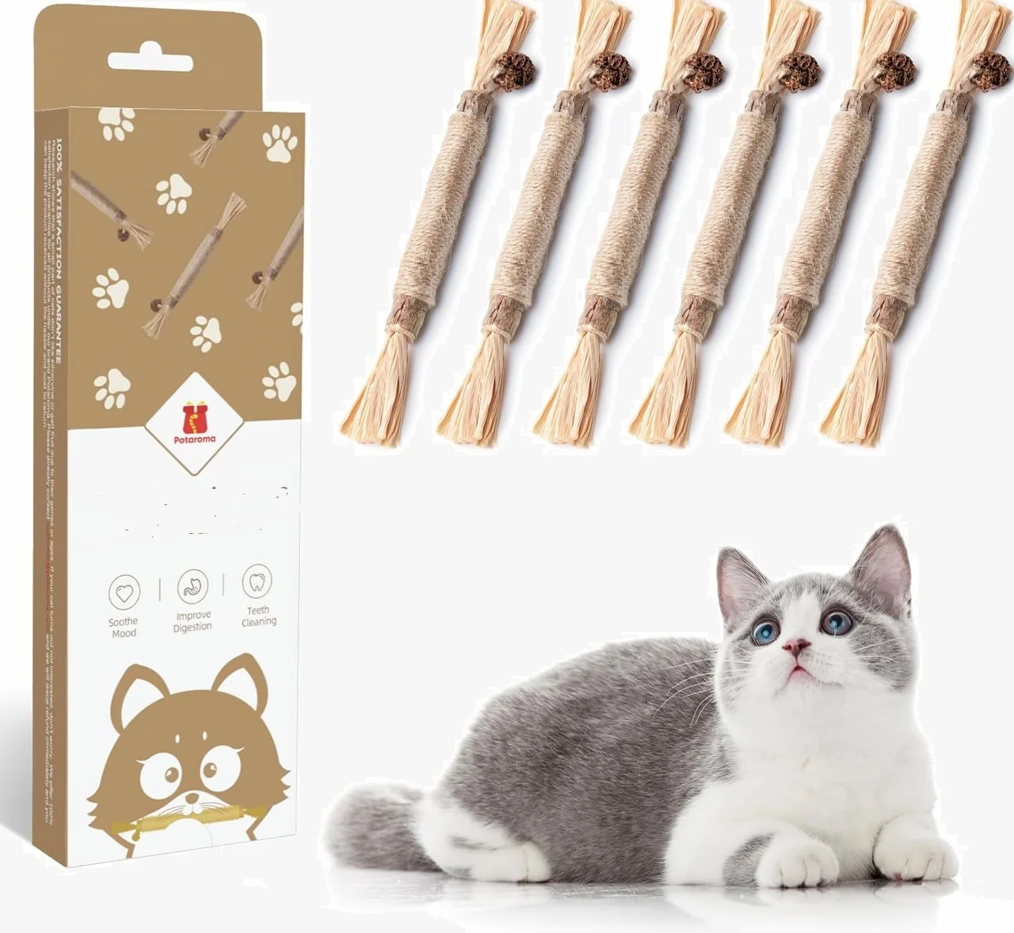 Potaroma Lot de 6 Bâtonnets Naturels pour Chats – Jouets à Mâcher avec Cataire & Silvervine