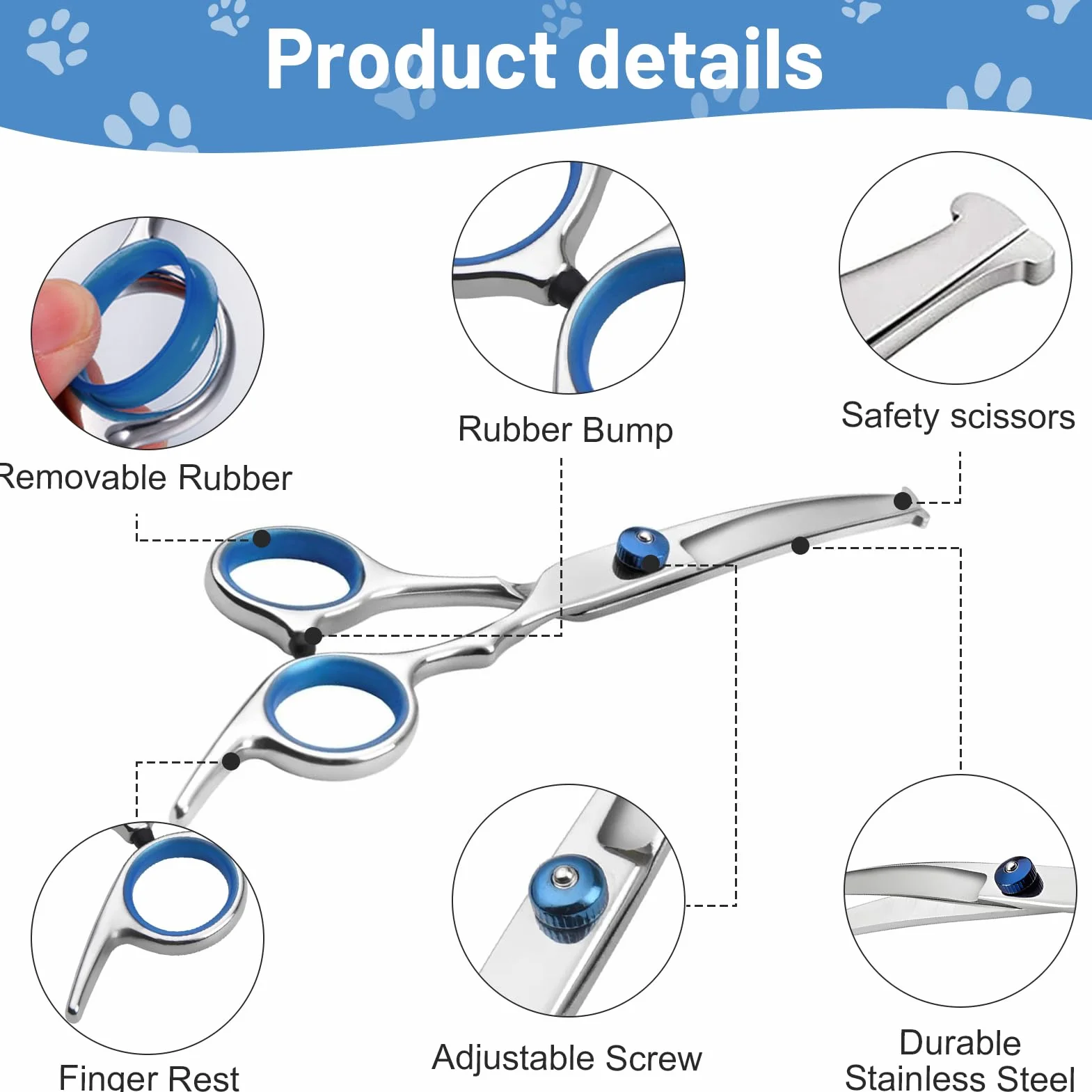 Ciseaux de Toilettage Professionnels pour Chiens et Chats en Acier Inoxydable, avec Embouts de Sécurité Ronds, Ciseaux incurvés, Idéal pour Visage, Pattes, Corps, Coiffure Animal