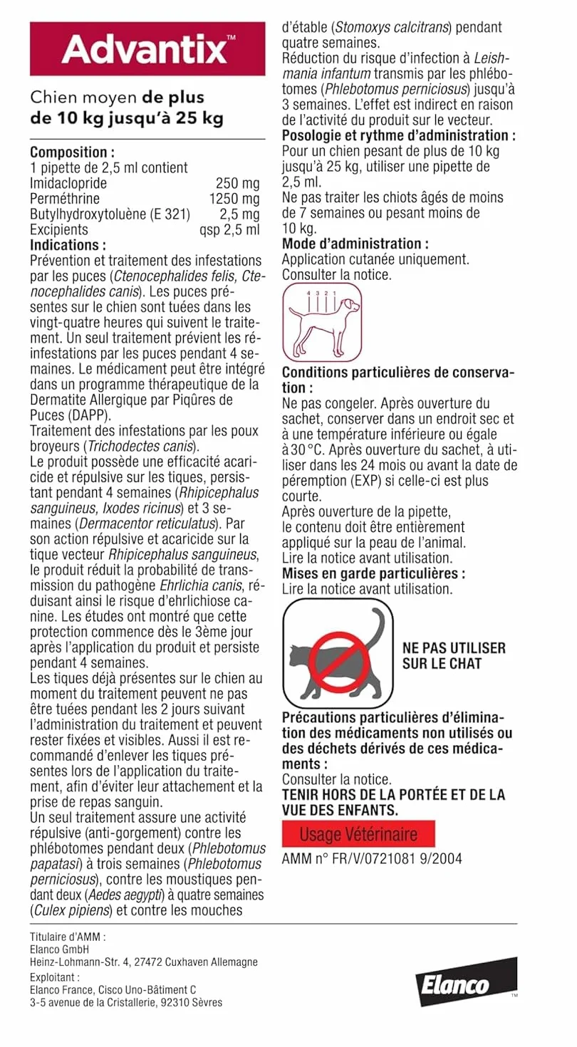 Advantix Chien Moyen entre 10 et 25 kg – Pipettes pour chien contre 6 parasites – Traitement en pipette pour une protection en continu pendant 4 semaines – 4 x 2,5 ml