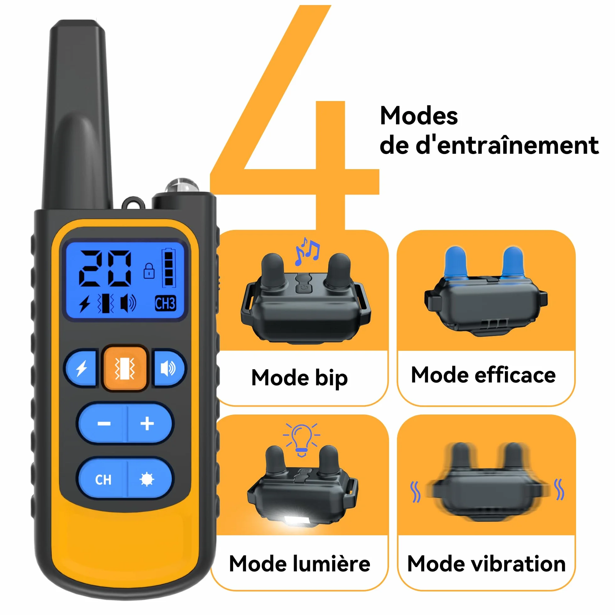 Meloive Collier de Dressage pour Deux Chiens,Collier Rechargeable avec Contrôle Manuel Portée 3000 Mètres,4 Modes d'Entraînement Choc Électrique/Sonore/Vibration/Lumière,IPX67 Résistant à l'eau