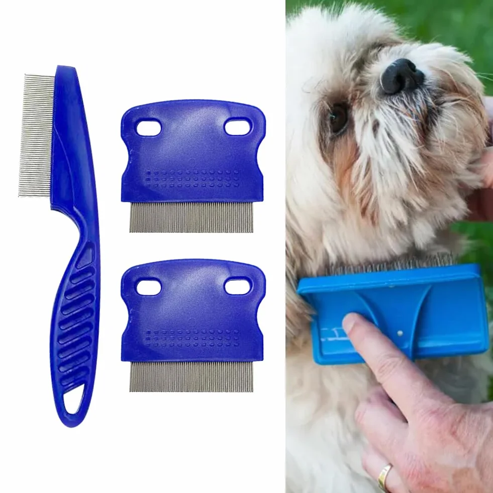 Peigne à puces 3pcs pour chats et chiens, peigne anti-puces lécher marques de larmes, accessoire animal de compagnie Bleu