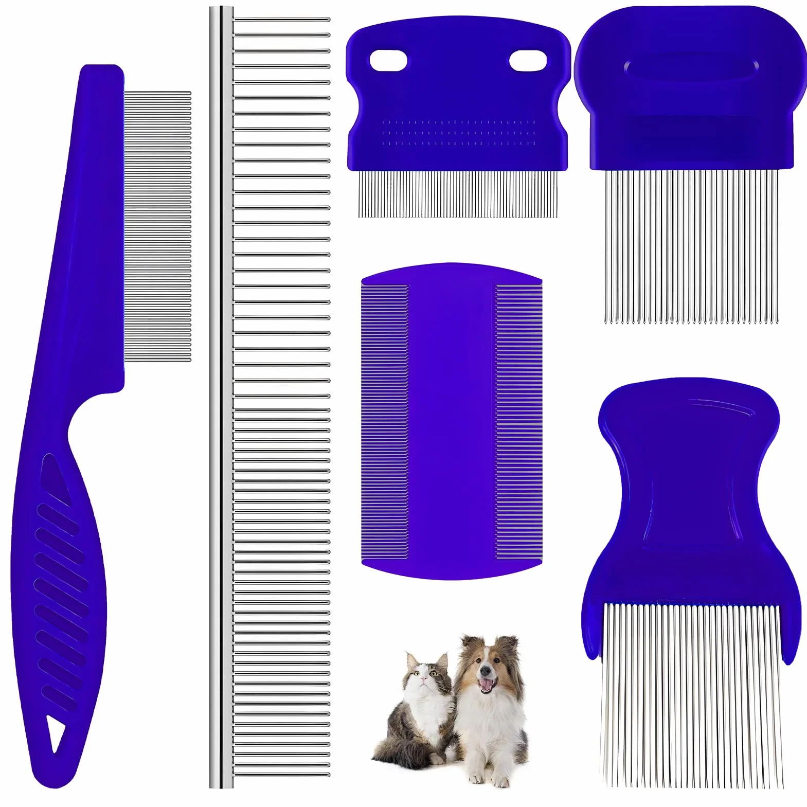 6Set Peignes Anti Puces pour Animaux, Peignes Acier Inoxydable pour Chats et Chiens, Outils de Toilettage, Élimination des Puces et Taches de Larmes, Peigne Démêlant