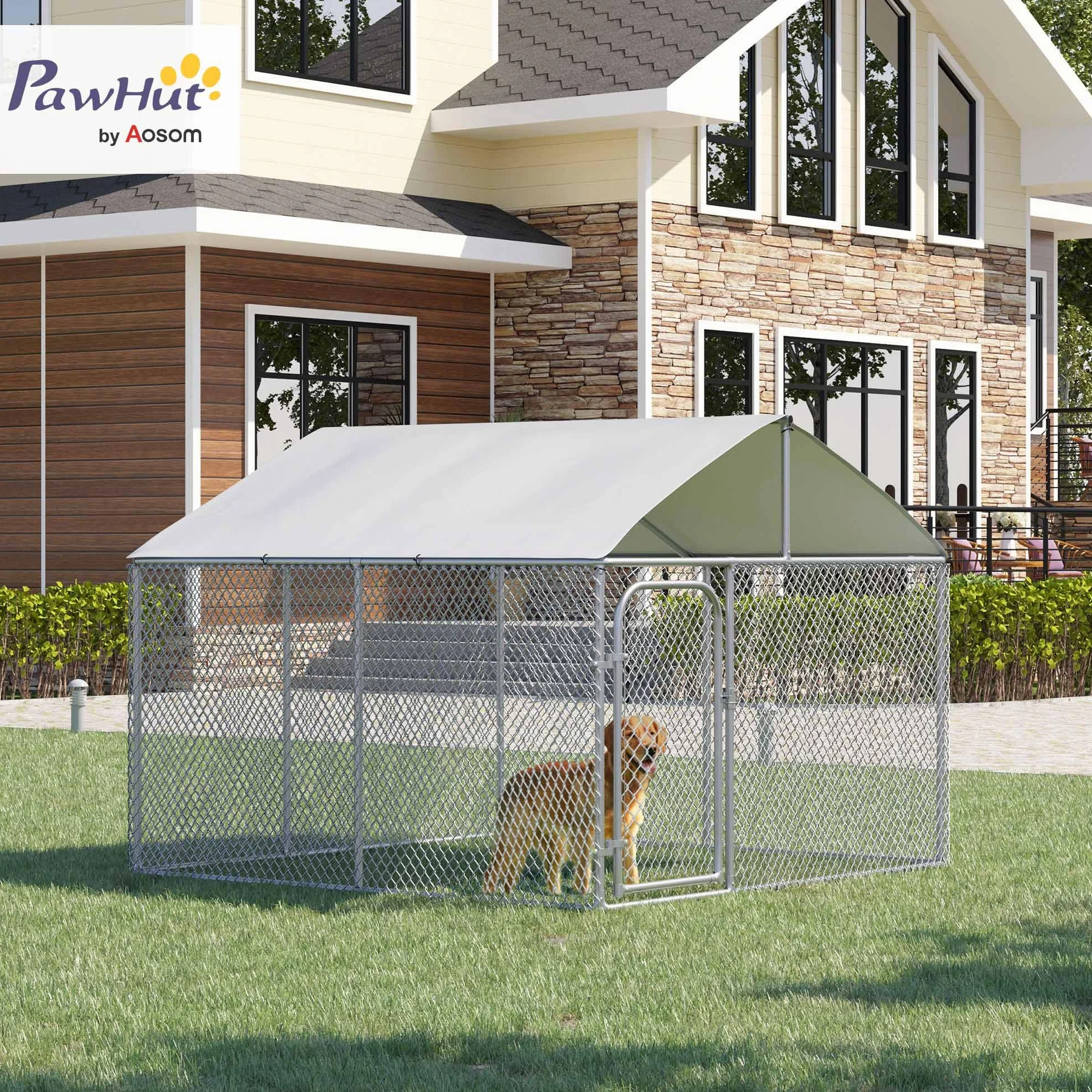 PawHut Chenil extérieur avec Toit pour Chien 5 m² - Parc grillagé 230 x 230 x 175 cm - Acier galvanisé