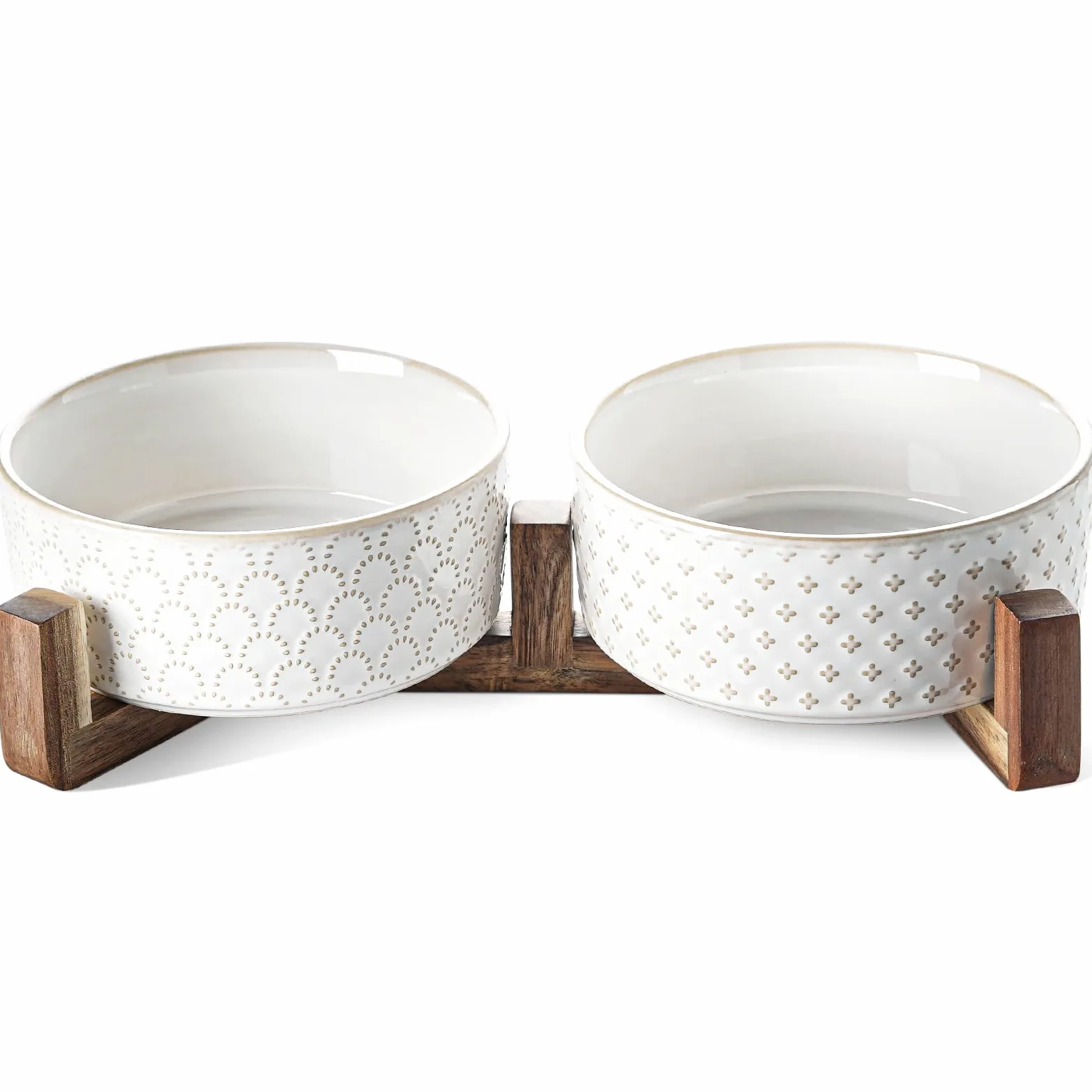 LE TAUCI Lot de 2 gamelles en céramique avec Support en Bois d'acacia, 3 Tasses pour Chat et Chien