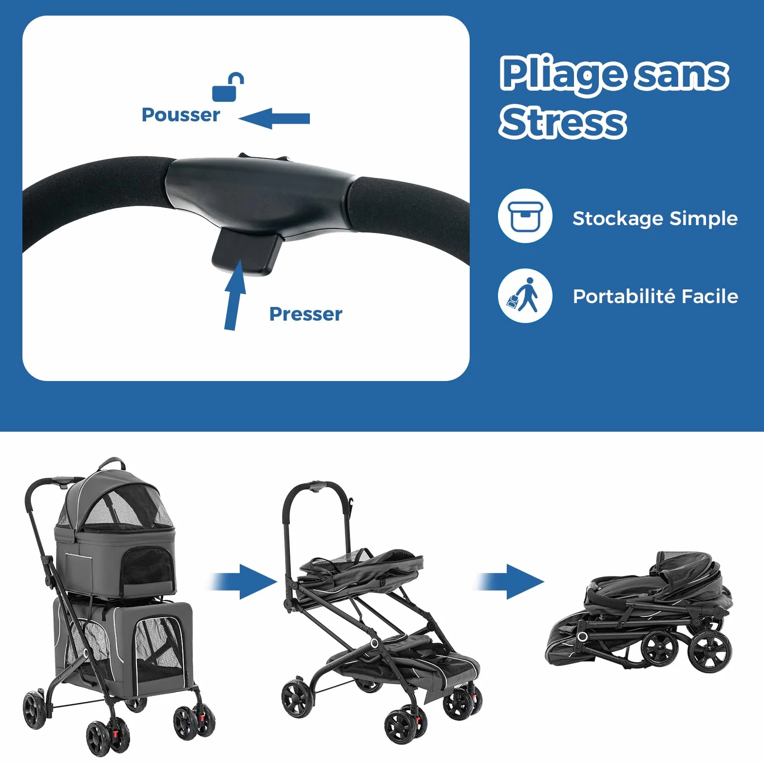 Poussette Chien Chat 2 Couches Détachable 3-en-1 GYMAX Transporteur Siège Auto Auvent Réglable Cadre Métal Pliable Gris