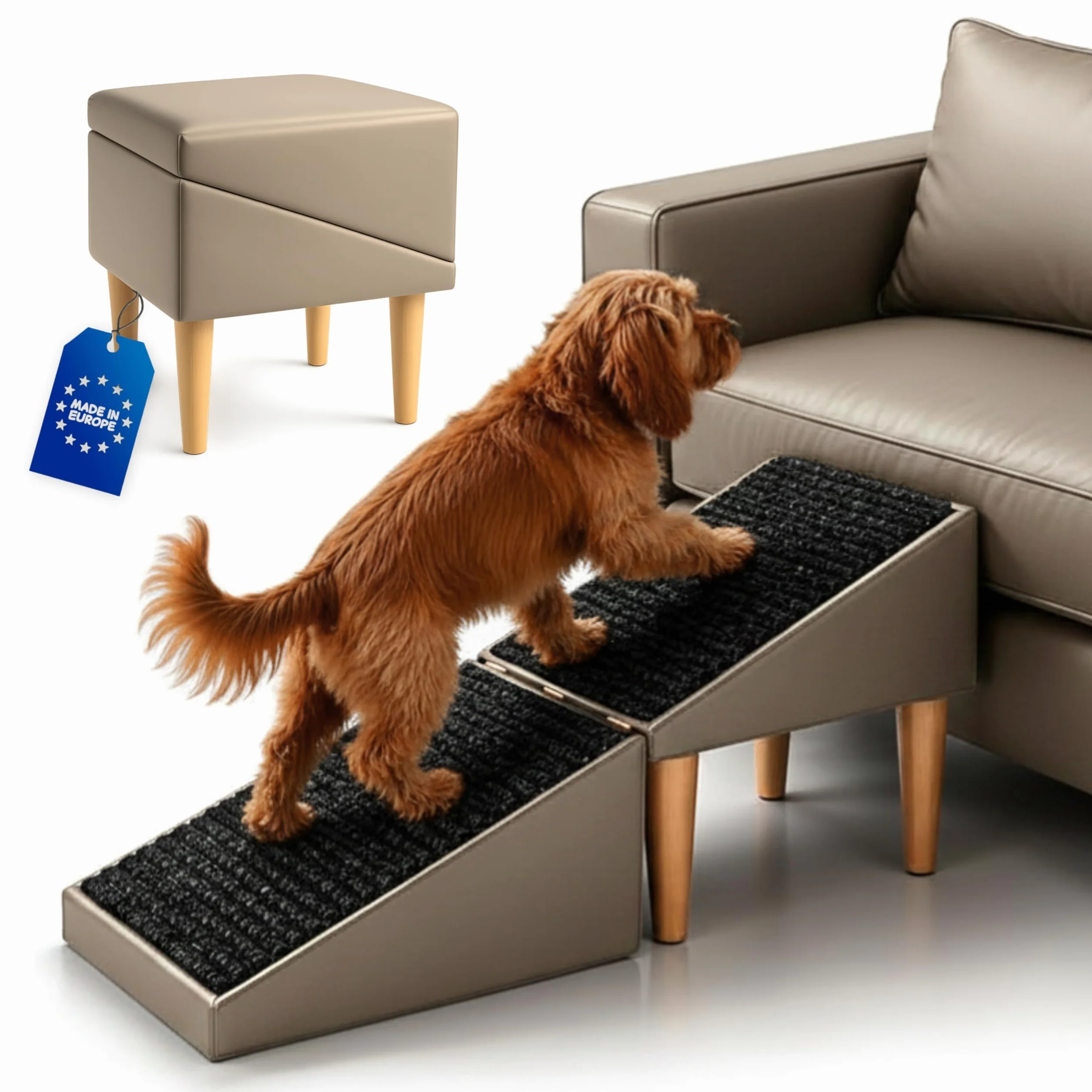 2 en 1 Siège Escalier Chien Antidérapant Pliable Effet Cuir Beige 36 cm
