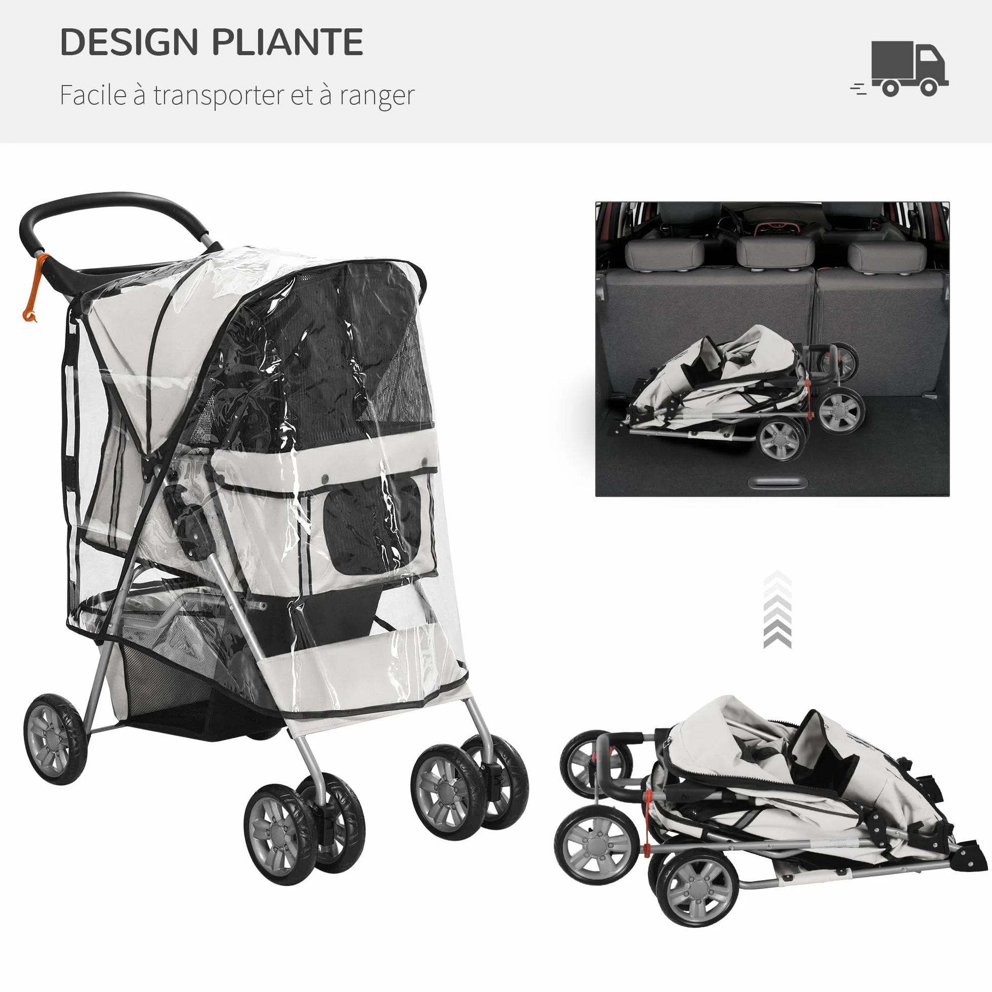 PawHut Poussette Buggy Pliable Animaux Imperméable pour Chien et Chat, Tissu 600D Oxford, Toit Amovible, Gris