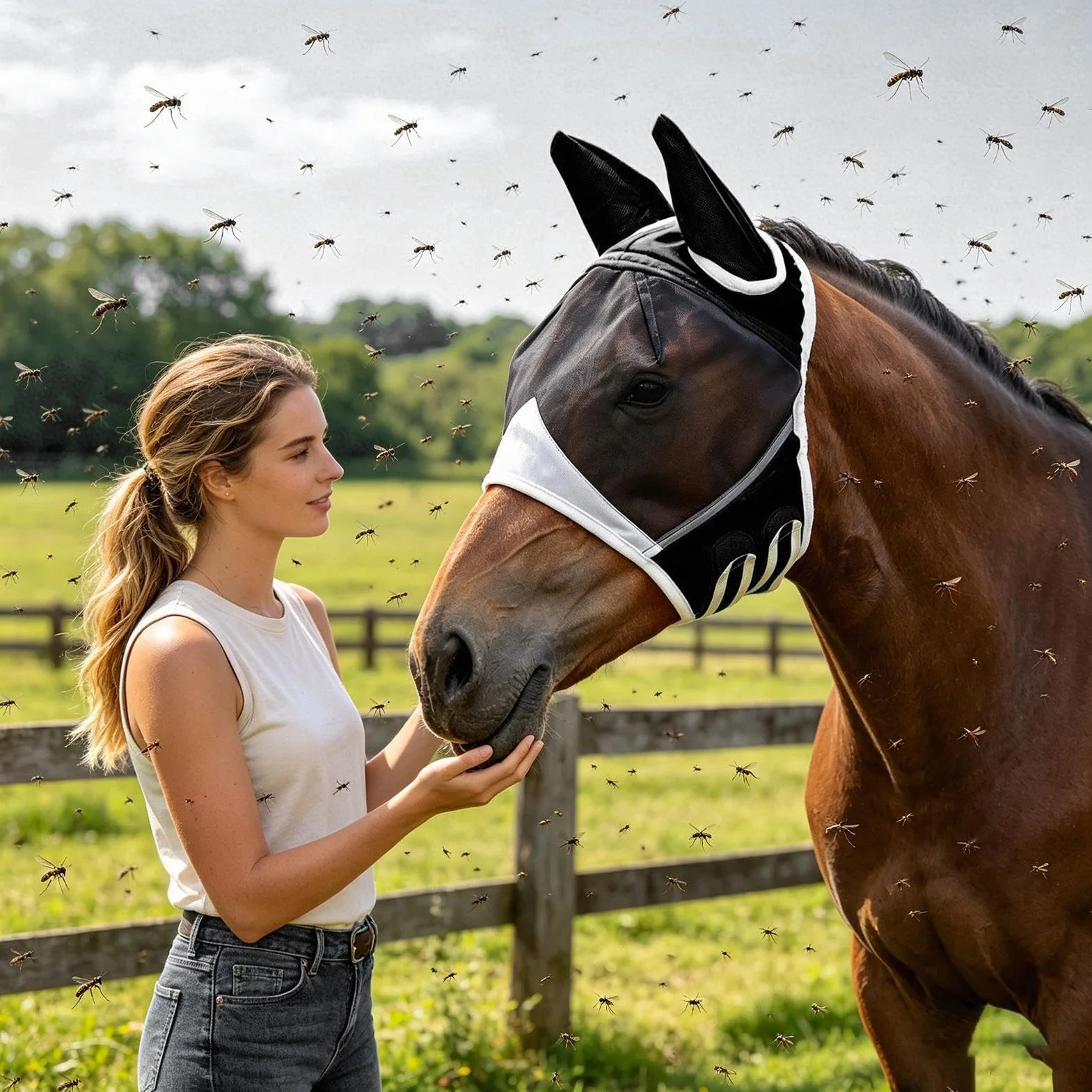 Masque Anti-Mouches pour Cheval Tissu Respirant Protection UV avec Oreilles Sangle Élastique Demi-Masque