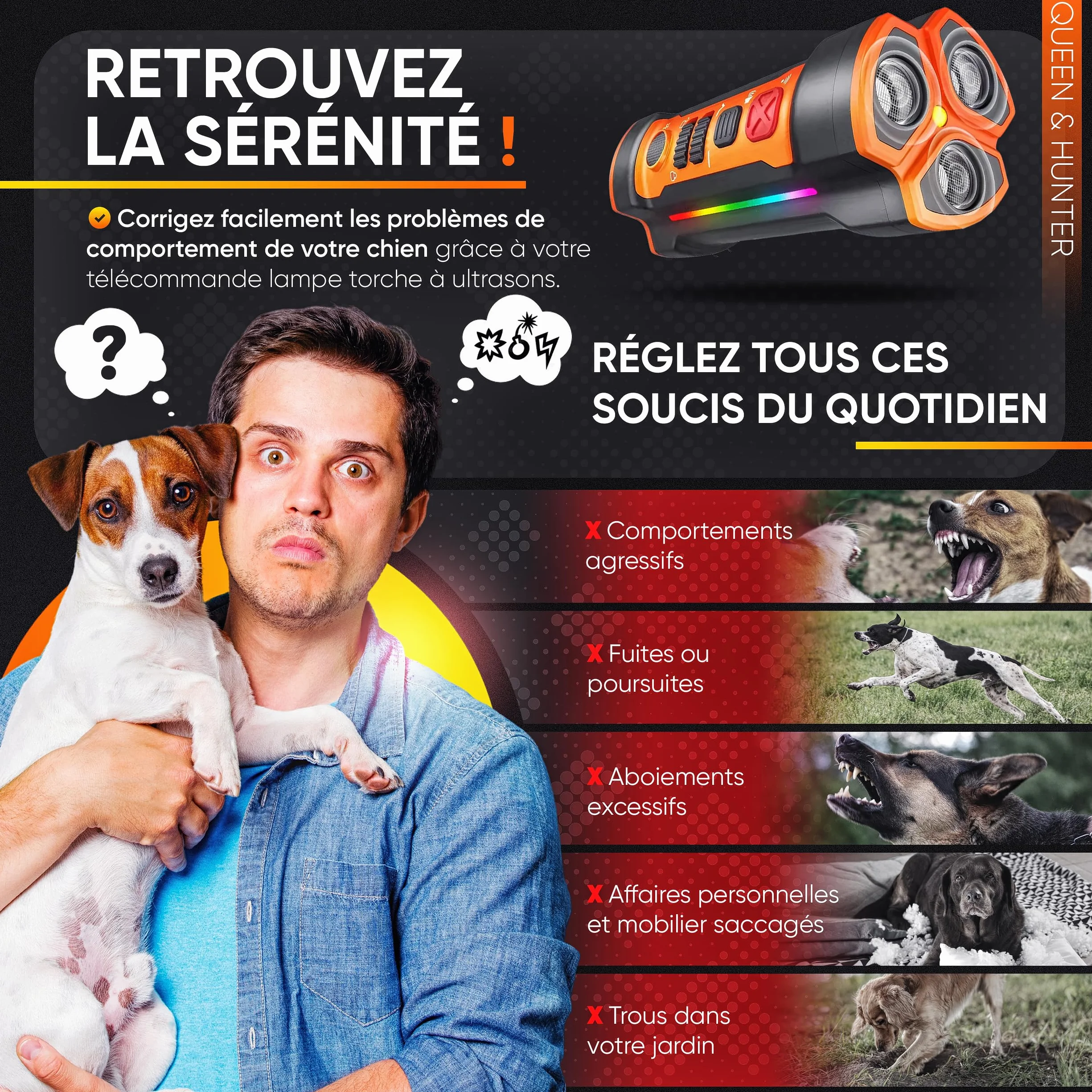 Anti Aboiement Chien Ultrason Dispositif Dressage sans Collier Électrique Portatif pour Petit et Grand Chiens