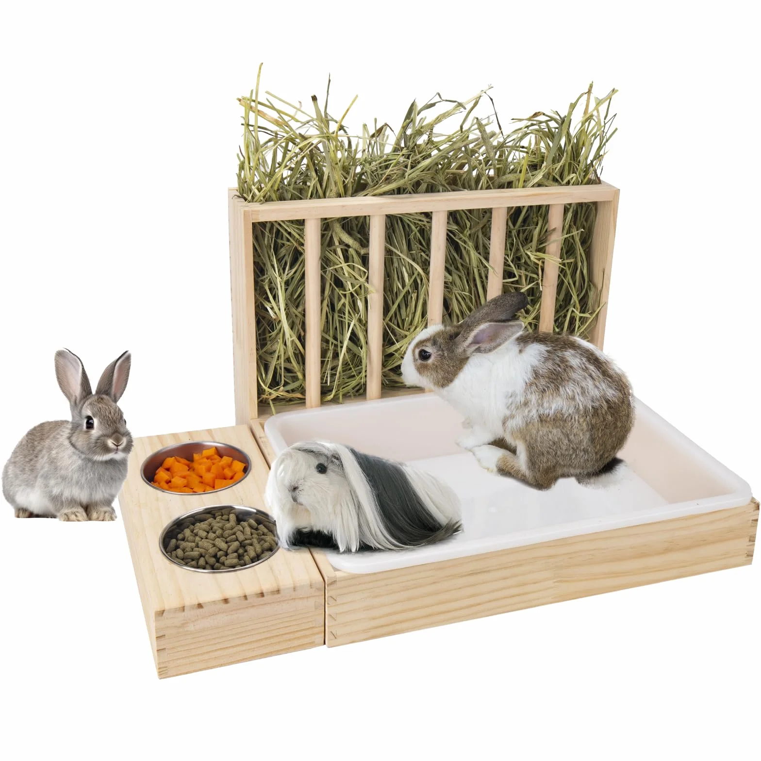 Mangeoire à Foin 3 en 1 pour Lapin avec Bac à Litière, Bois, 2 Bols, Grande Capacité