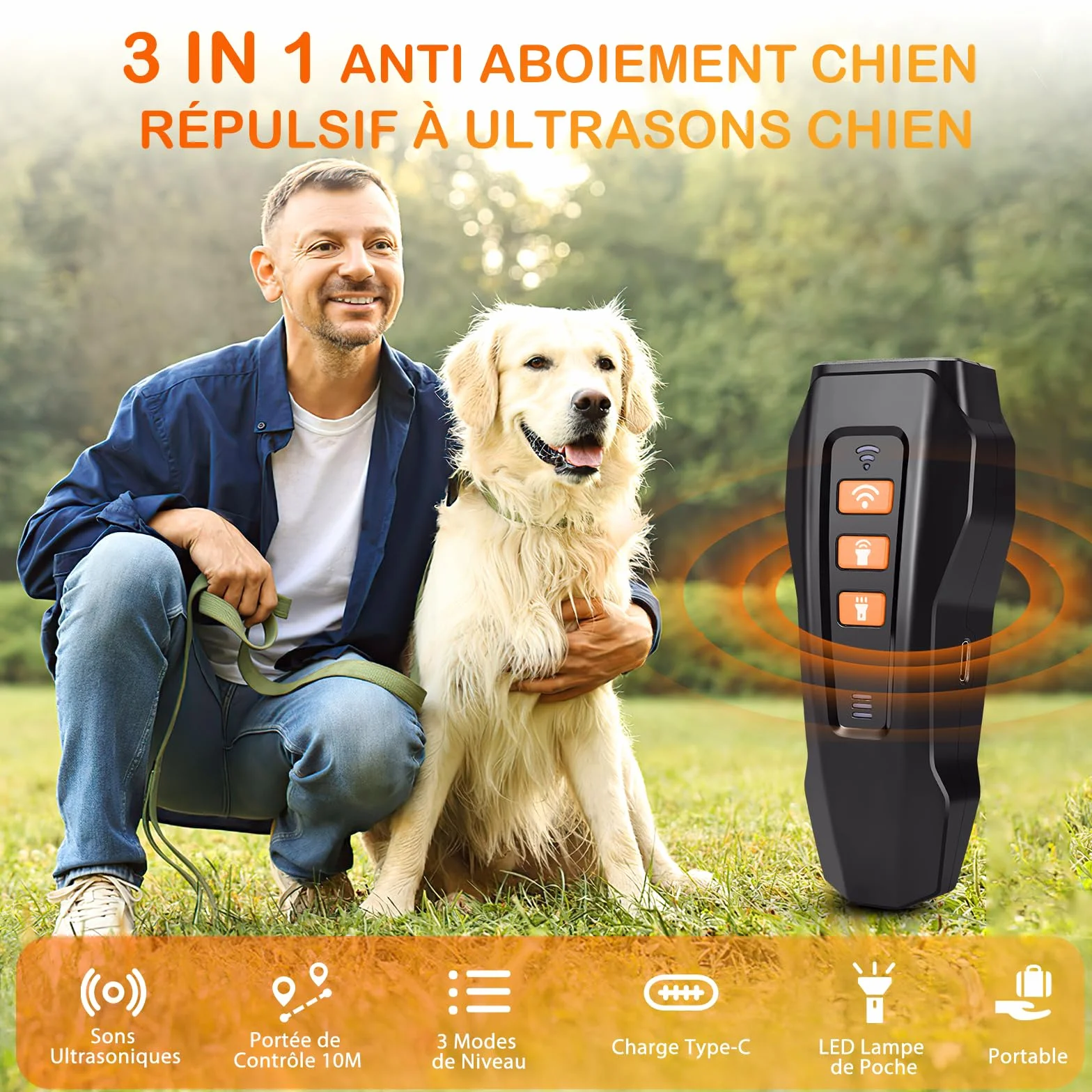 Répulsif à Ultrasons Chien Anti Aboiement Puissant Réglable 3 Fréquences 10M Portée