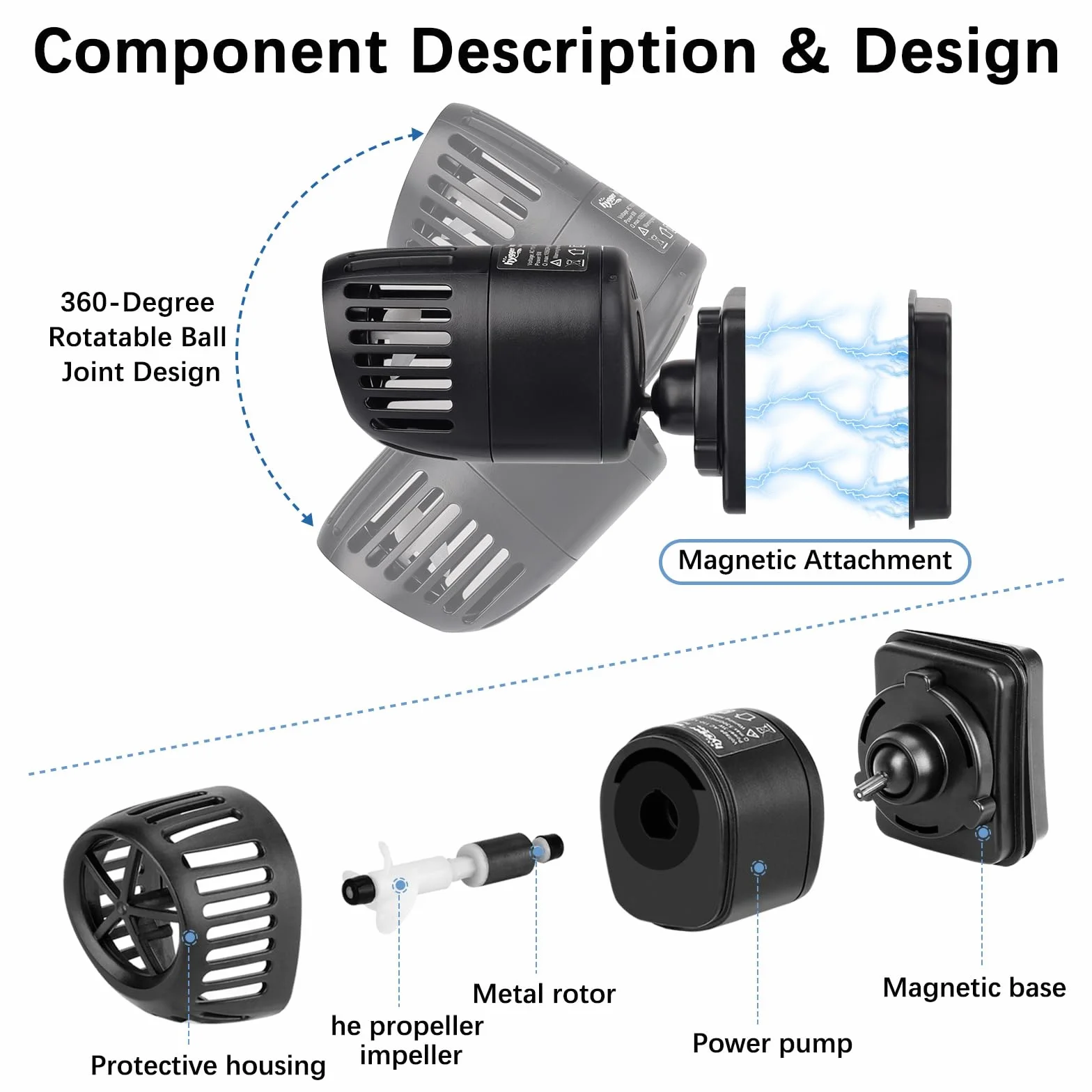 hygger 3997LPH Pompe à Vagues pour Aquarium,6W Pompe de Brassage Circulation pour l'eau Silencieuse à 360 Degrés pour Aquariums d'eau Douce et d'eau Salée de 154 à 378L