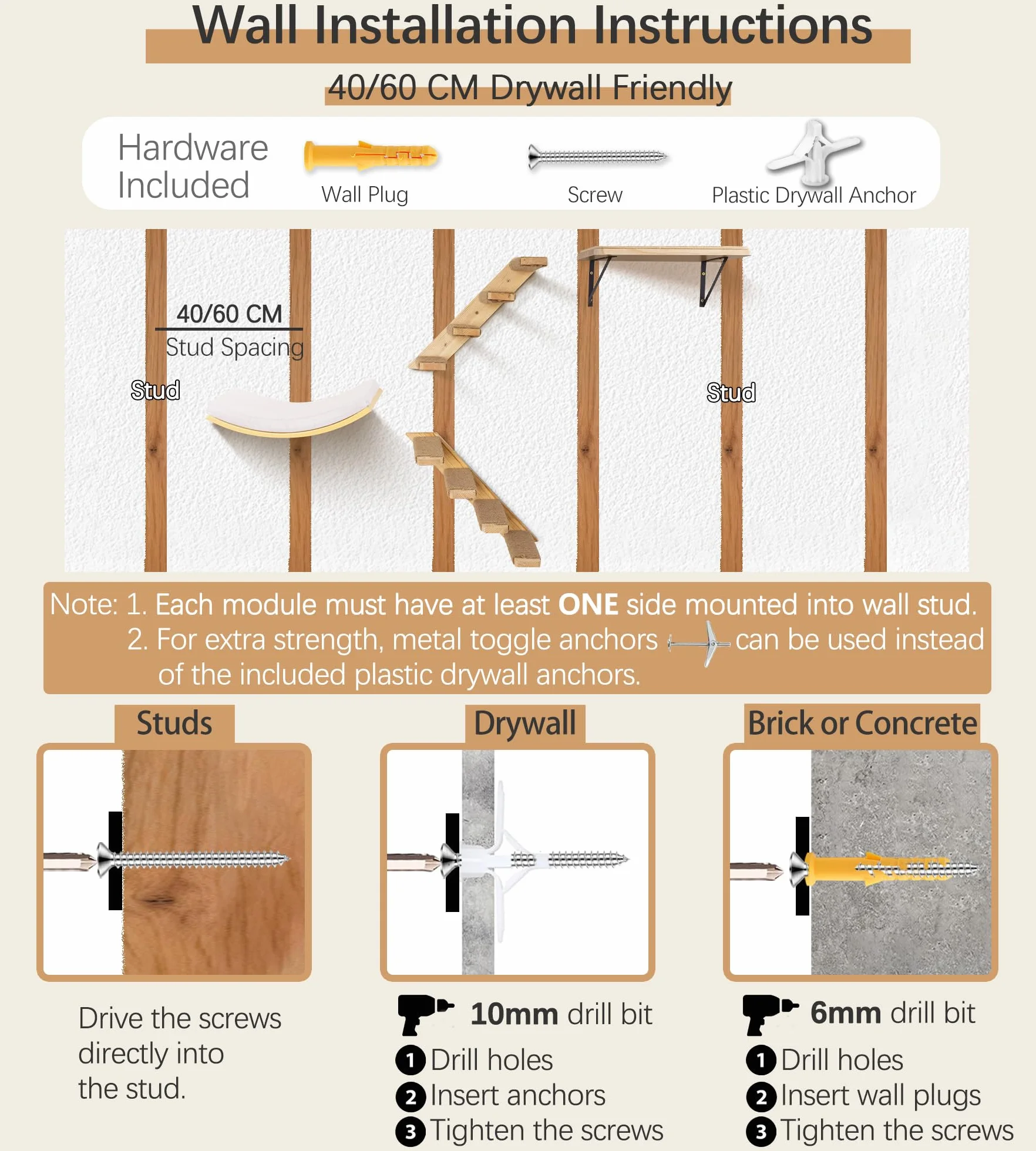Lot de 3 escaliers muraux pour chat avec 2 marches d'escalade et plates-formes incurvées - En bois - Pour escalade, jouer, dormir