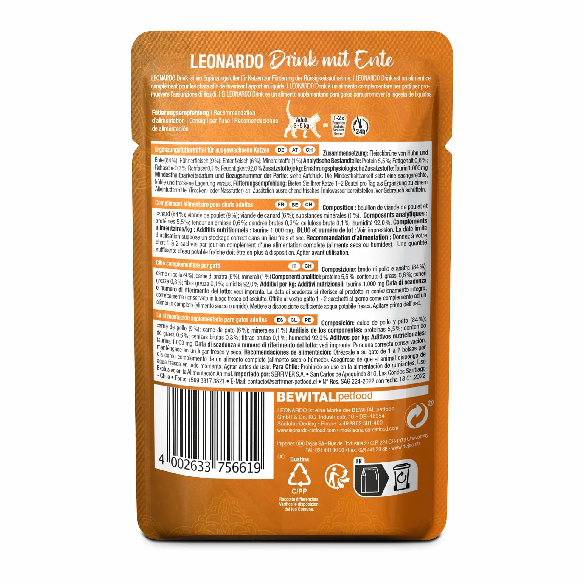 LEONARDO Drink Duck [20x40g Drink au Canard] Boisson pour Chats | Bouillon de Viande sans céréales avec lamelles de Viande | Complément Alimentaire pour Chats