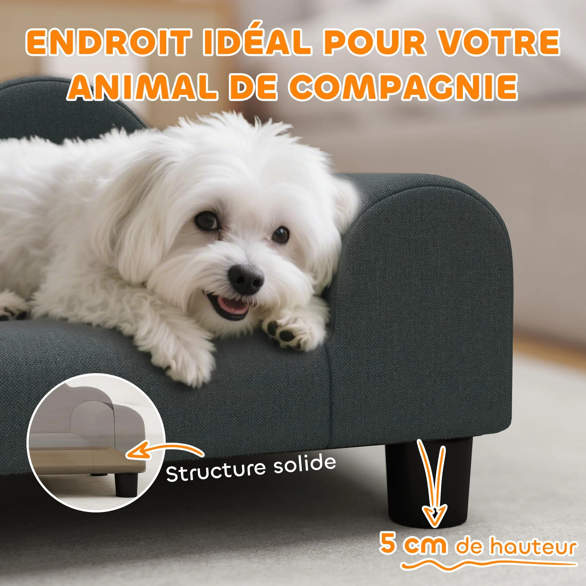 PawHut Canapé pour Chien avec Dossier et Accoudoirs, Respirant, 66 x 42 x 28,5 cm, Gris foncé