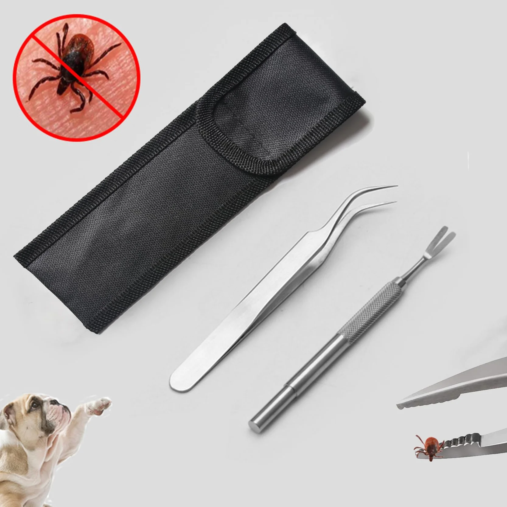 3 Pièces Pince à Tiques, Tire Tique pour Chiens, Chats et Humains, Professionnelle Crochet à Tiques, Tiques Ensemble en Acier Inoxydable avec Sac de Rangement