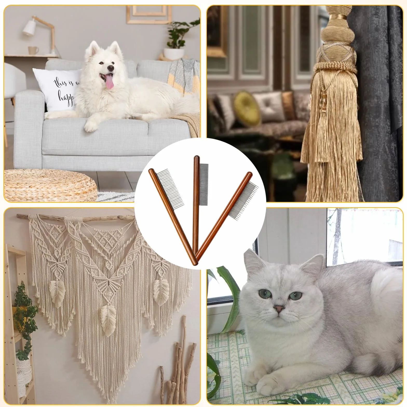 Peigne pour chat et chien, 3 pièces, peigne en bois pour démêler les poils longs et courts, peigne anti-nœuds en métal, idéal pour le toilettage des animaux